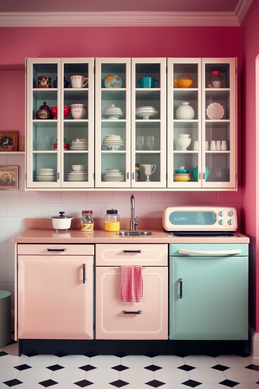 A retro kitchen featuring glass-front cabinets that elegantly display an array of colorful collectibles. The cabinets are paired with vintage-inspired appliances in pastel hues, creating a charming and nostalgic atmosphere.