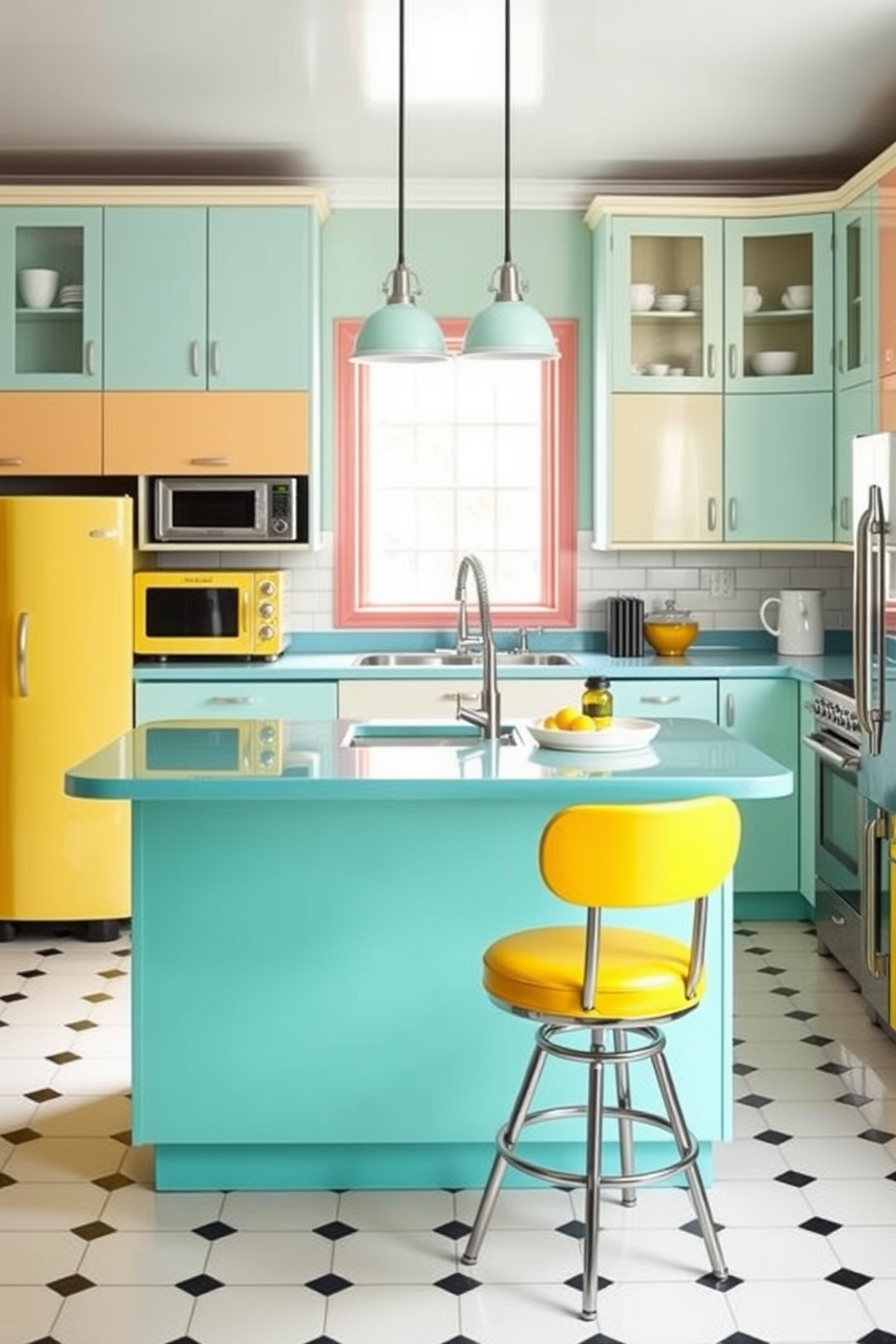 A vibrant kitchen island serves as the centerpiece of a retro-inspired kitchen. The island is painted in a bright turquoise color, complemented by retro-style bar stools with chrome accents. The cabinetry features a mix of pastel colors, creating a cheerful and inviting atmosphere. Vintage appliances in soft yellow and mint green enhance the nostalgic feel of the space.