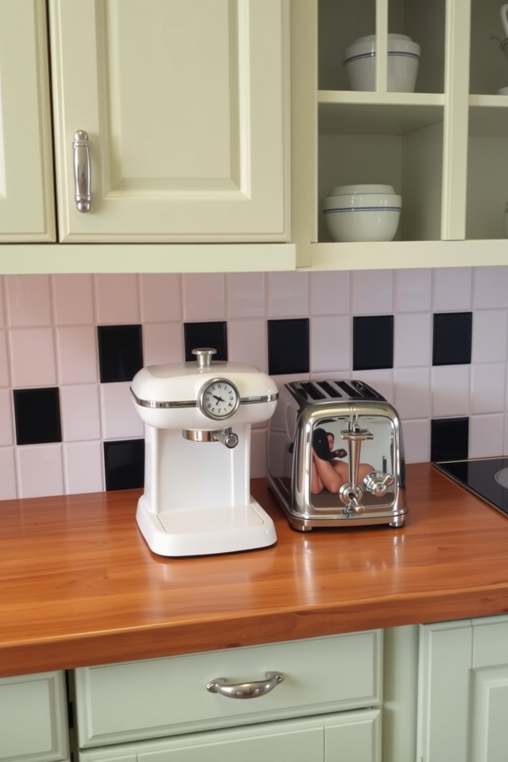 A charming retro kitchen setting featuring a vintage coffee maker and toaster set displayed on a polished wooden countertop. The cabinets are painted in a cheerful pastel color, and the backsplash is adorned with classic black and white checkered tiles.