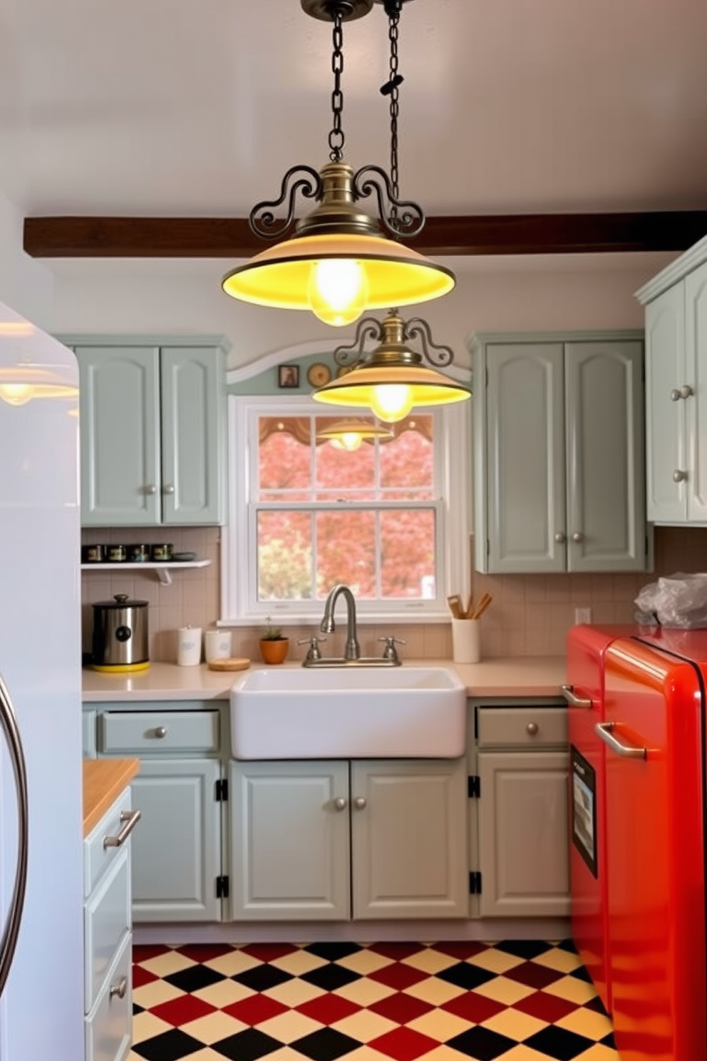 A vintage-inspired stove with retro knobs is the centerpiece of this charming kitchen. Surrounding the stove are colorful cabinets with a distressed finish and open shelving displaying vintage dishware. The backsplash features classic subway tiles in a soft pastel hue, complementing the warm wooden countertops. A cozy breakfast nook with a round table and mismatched chairs adds a touch of nostalgia to the space.