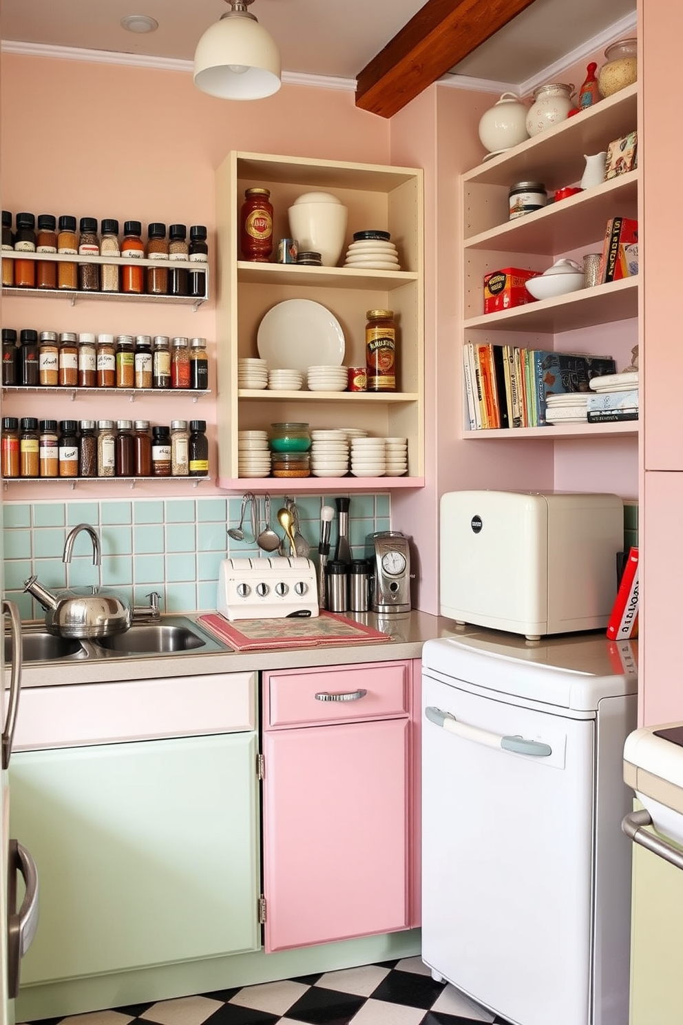 Bar stools with bright upholstery are arranged around a central island in a retro-inspired kitchen. The kitchen features vintage appliances in pastel colors and patterned tiles that enhance the nostalgic charm.