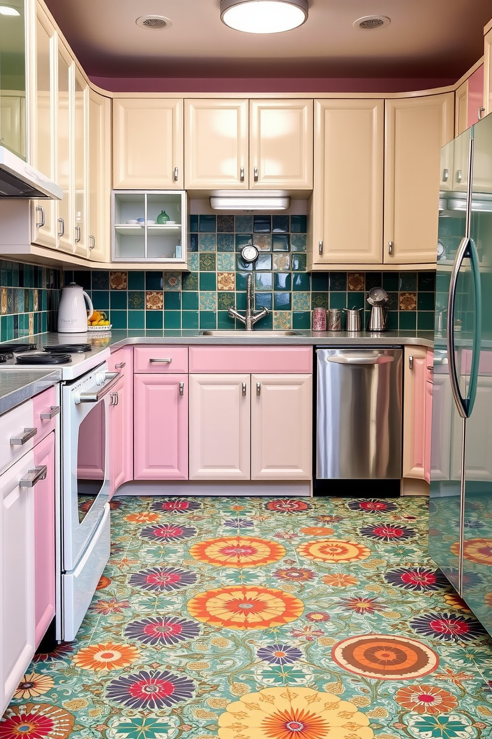 A retro kitchen design featuring linoleum flooring adorned with vibrant patterns and colors. The cabinetry is a mix of pastel hues, complemented by chrome hardware and vintage appliances for a nostalgic touch.