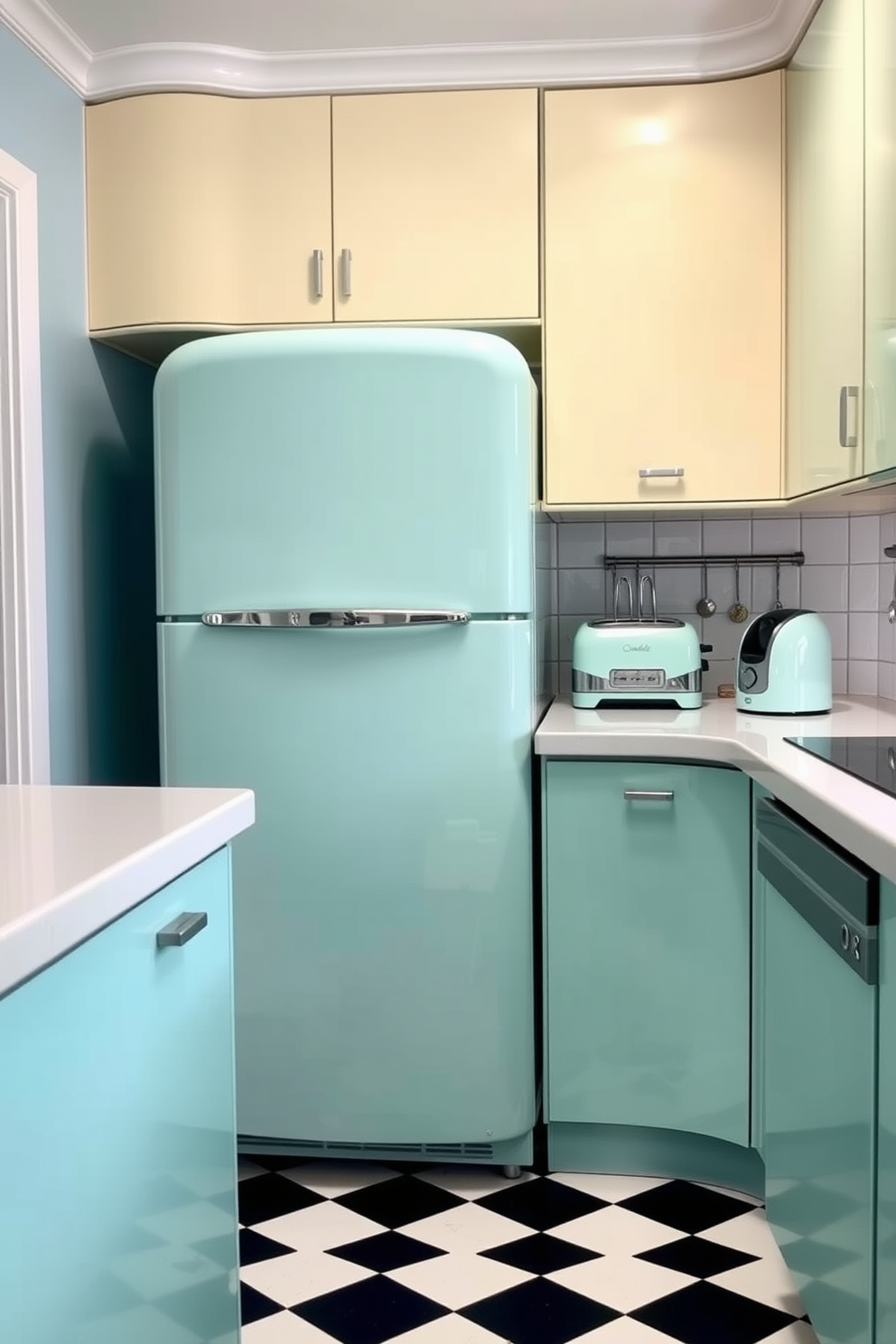 A retro kitchen featuring a fridge with rounded edges that adds a nostalgic charm. The cabinetry is painted in a vibrant pastel color, and the countertops are made of glossy white laminate. Vintage-inspired appliances complement the overall aesthetic, including a classic toaster and a coffee maker in matching hues. The flooring is a checkerboard pattern in black and white, enhancing the retro vibe of the space.