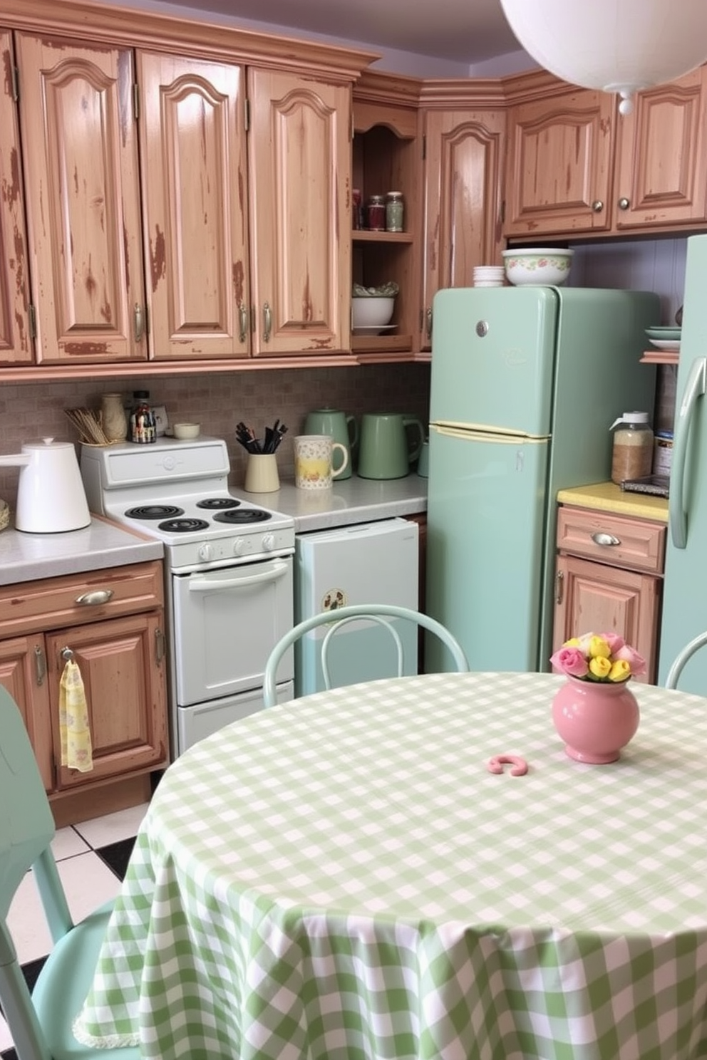 A charming retro kitchen featuring glass-front cabinets that beautifully display an array of vintage dishes. The cabinets are painted in a cheerful pastel color, complementing the classic checkered floor and retro appliances.