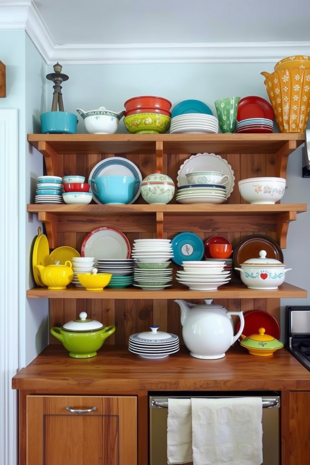 A charming retro kitchen featuring open shelves adorned with vintage dishware in various colors and patterns. The shelves are made of reclaimed wood, creating a warm and inviting atmosphere in the space.