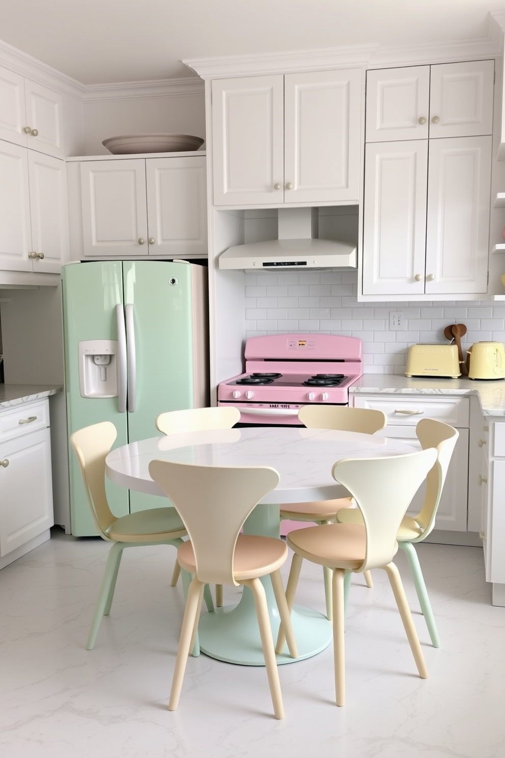 Bright pastel appliances for a cheerful vibe. The kitchen features a mint green refrigerator, a light pink stove, and a soft yellow toaster, all set against crisp white cabinetry. The countertops are made of a light marble with subtle veining, complementing the bright colors. A round dining table with pastel-colored chairs sits in the center, creating a warm and inviting atmosphere.