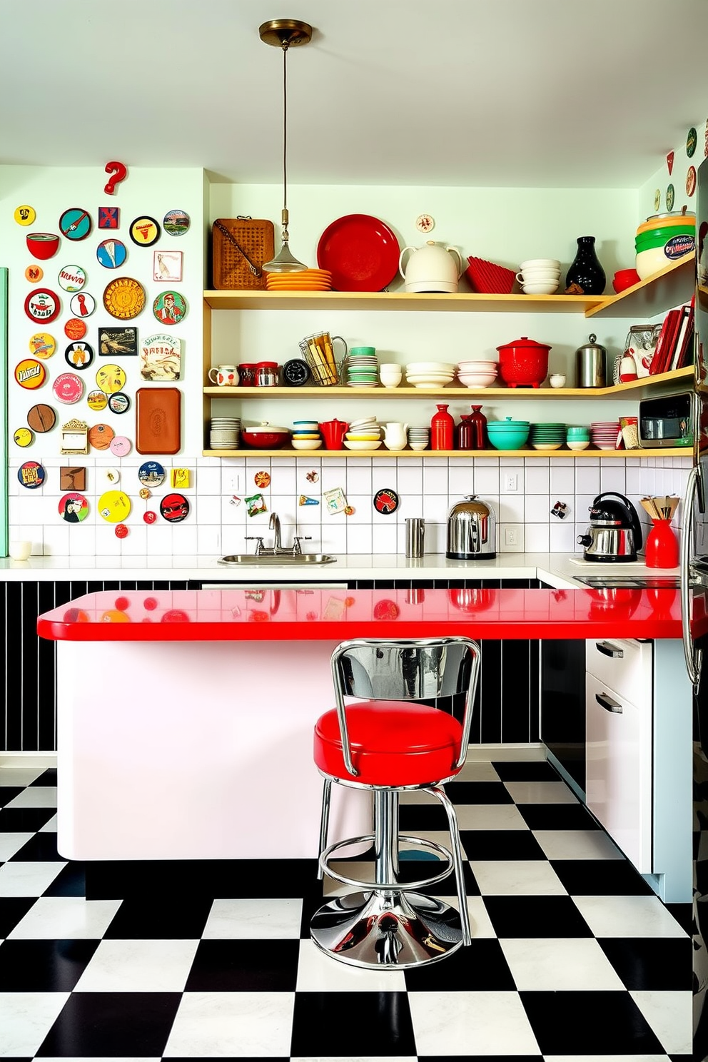 A retro kitchen design featuring a classic checkered floor in black and white. The walls are adorned with colorful retro fridge magnets that add a playful touch to the space. The kitchen island is topped with a vibrant red countertop, complemented by vintage bar stools with chrome accents. Open shelving displays an array of retro dishware and nostalgic kitchen gadgets, enhancing the charming atmosphere.