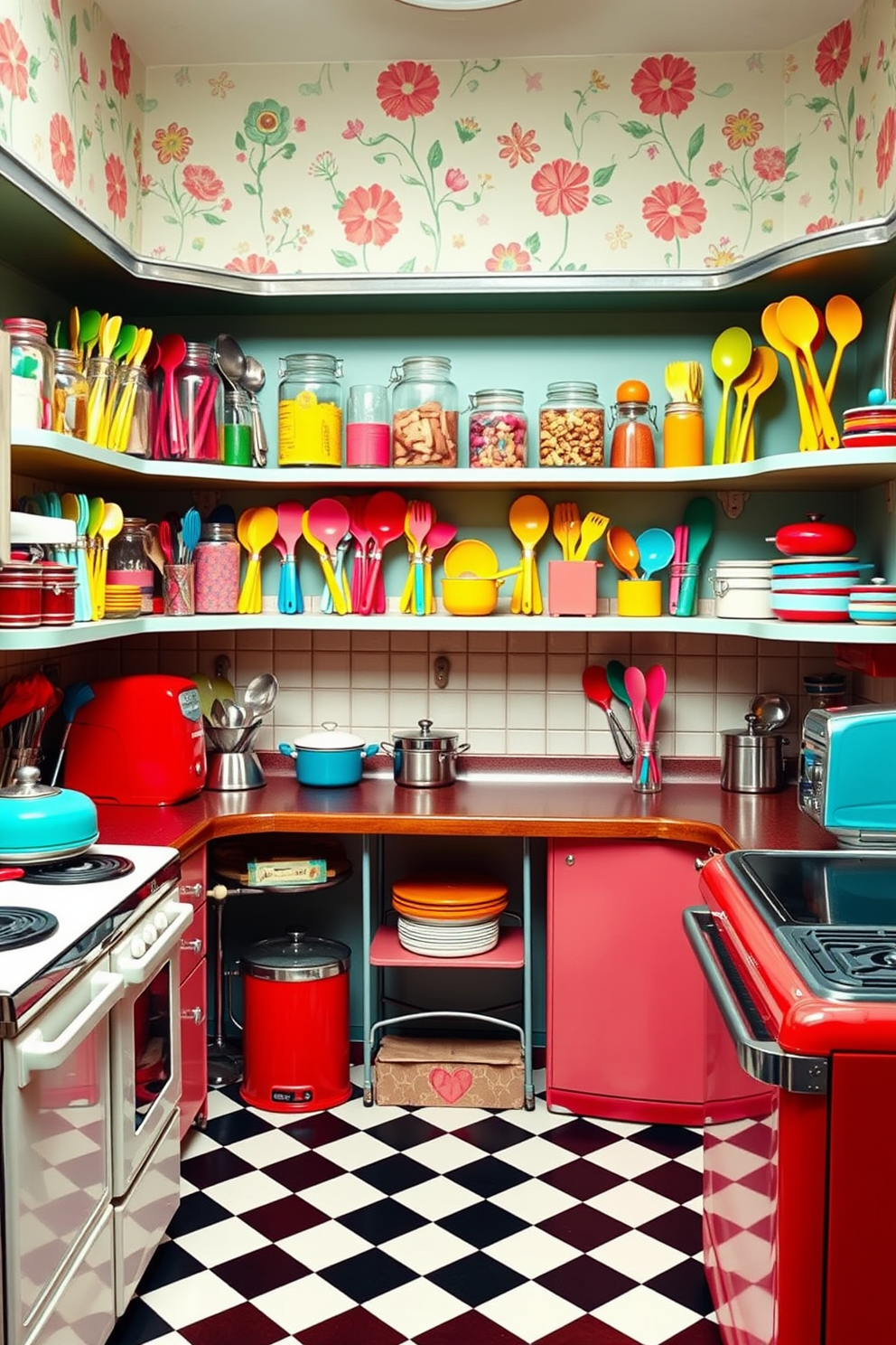 A vibrant kitchen filled with an array of brightly colored utensils displayed in glass jars on open shelves. The retro design features checkered flooring, vintage appliances, and cheerful wallpaper that adds a nostalgic charm to the space.