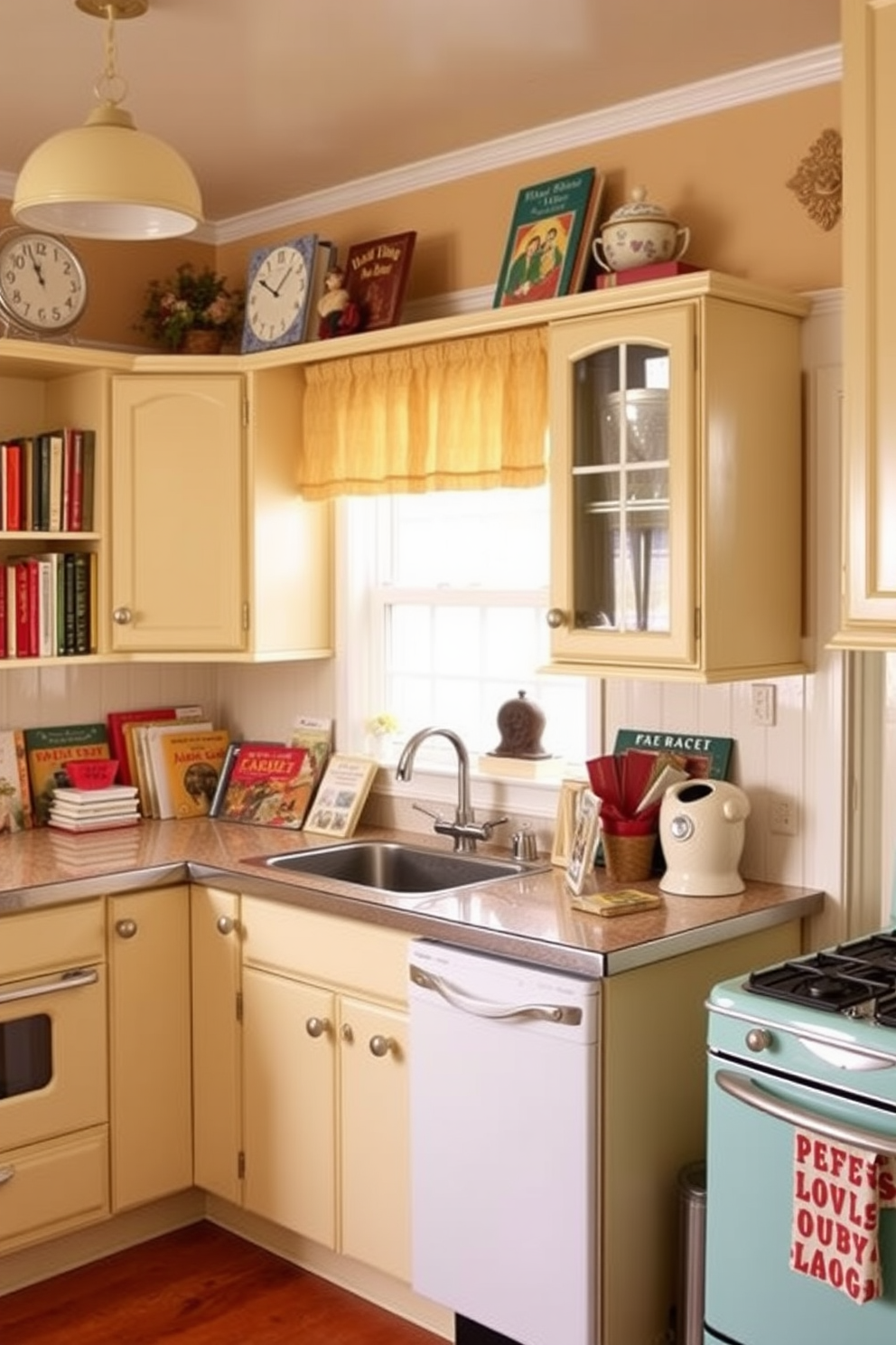 Classic enamel cookware displayed on open wooden shelves adds a touch of charm to the retro kitchen. The walls are painted in a soft pastel color, and a vintage-inspired tile backsplash complements the overall aesthetic.