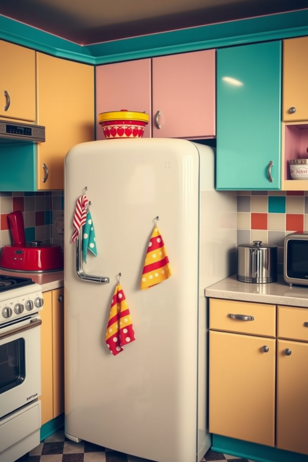 A retro kitchen setting filled with vibrant colors and playful patterns. The walls are adorned with pastel-colored cabinets, while colorful dish towels hang from the oven handle, adding a cheerful touch to the space. A vintage-style refrigerator stands prominently, featuring rounded edges and a glossy finish. The countertop is made of classic checkered tiles, and a mix of retro appliances completes the nostalgic atmosphere.