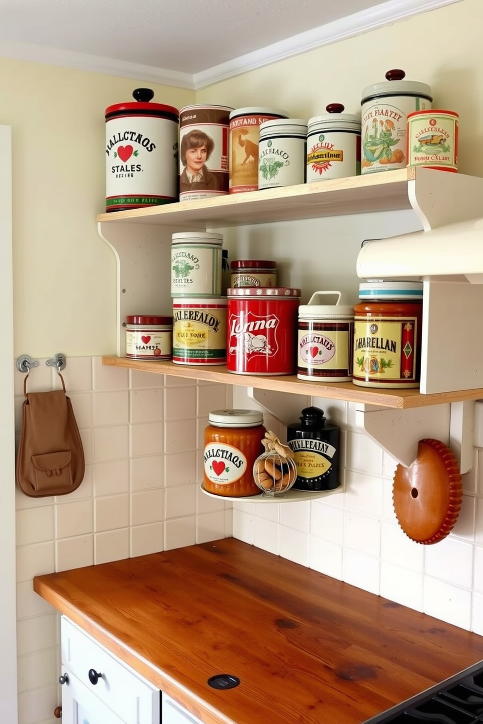 A charming retro kitchen adorned with vintage canisters for storing kitchen staples. The canisters, featuring colorful patterns and classic designs, are neatly arranged on an open shelf above a rustic wooden countertop.