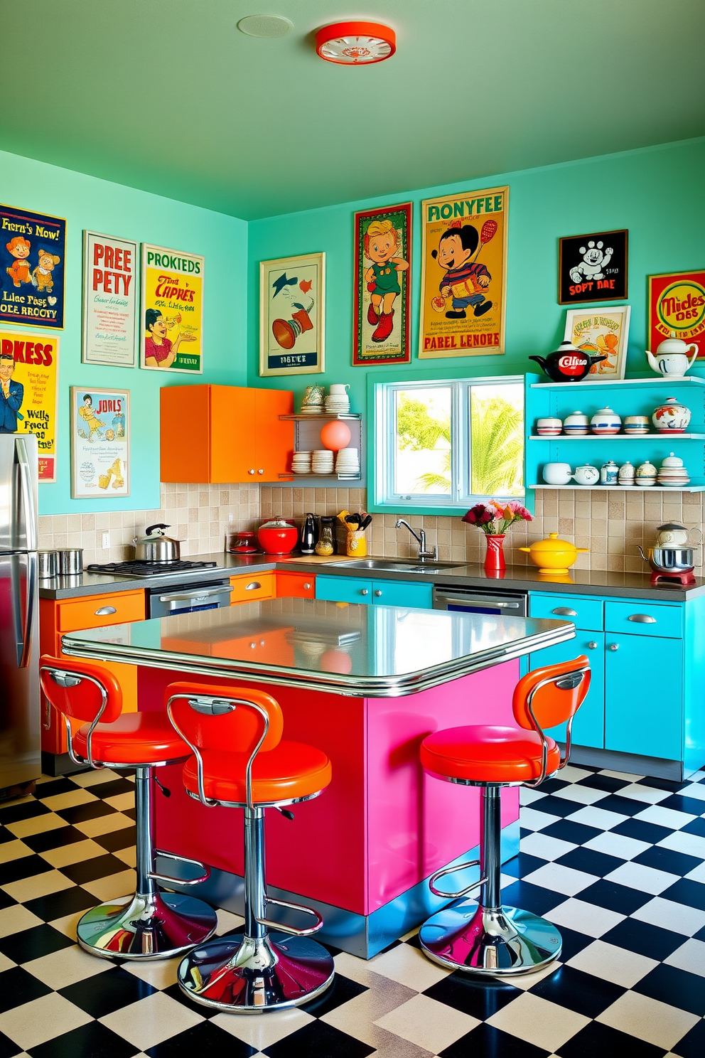 A vibrant retro kitchen adorned with colorful wall art that showcases vintage advertisements and playful graphics. The walls are painted in a cheerful pastel hue, and the space features classic checkerboard flooring that adds to the nostalgic charm. The kitchen island is topped with a glossy laminate surface, surrounded by retro-style bar stools with chrome accents. Brightly colored cabinets and open shelving display an array of quirky kitchenware, enhancing the playful atmosphere of this inviting space.