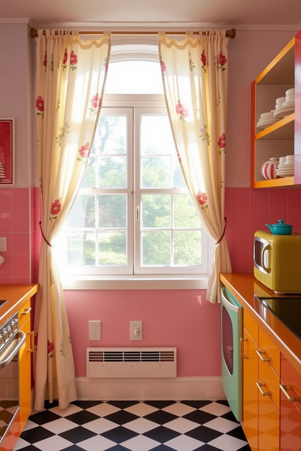 Charming curtains with floral designs drape gracefully over a sunny window, adding a touch of whimsy to the space. The soft fabric gently filters the light, creating a warm and inviting atmosphere. Retro kitchen design features bold colors and vintage appliances that evoke a sense of nostalgia. Checkerboard flooring complements the bright cabinetry, while open shelving displays colorful dishware and retro accessories.