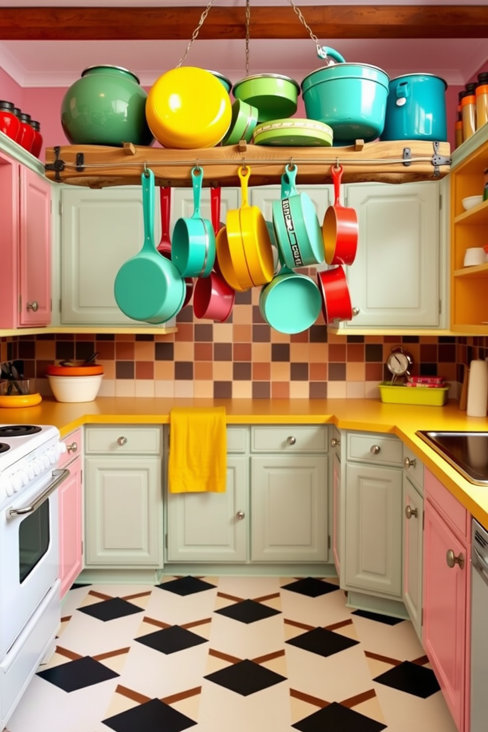 A charming retro kitchen filled with vintage tea sets displayed on open shelves. The cabinets are painted in soft pastel colors, and a classic checkered floor adds to the nostalgic atmosphere.