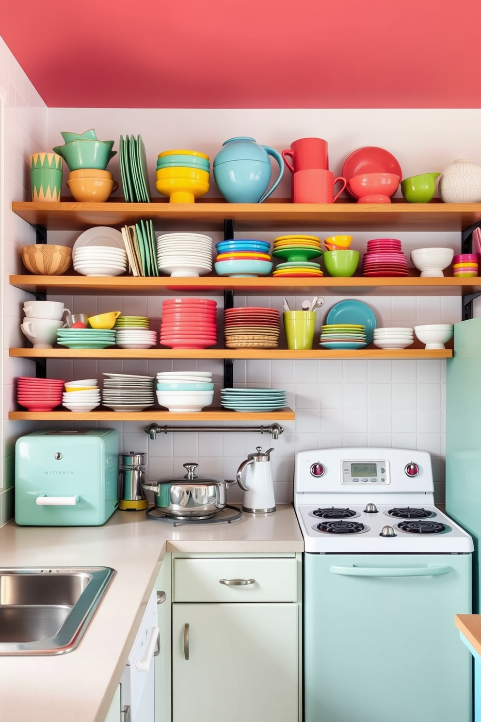 A retro diner-style seating area featuring plush red vinyl booths with chrome accents. The floor is checkered in black and white tiles, and a jukebox stands in the corner, adding a nostalgic touch. A retro kitchen design with mint green cabinets and white countertops. Vintage appliances in pastel colors complement the overall theme, while a round table with chrome legs sits in the center, surrounded by colorful chairs.