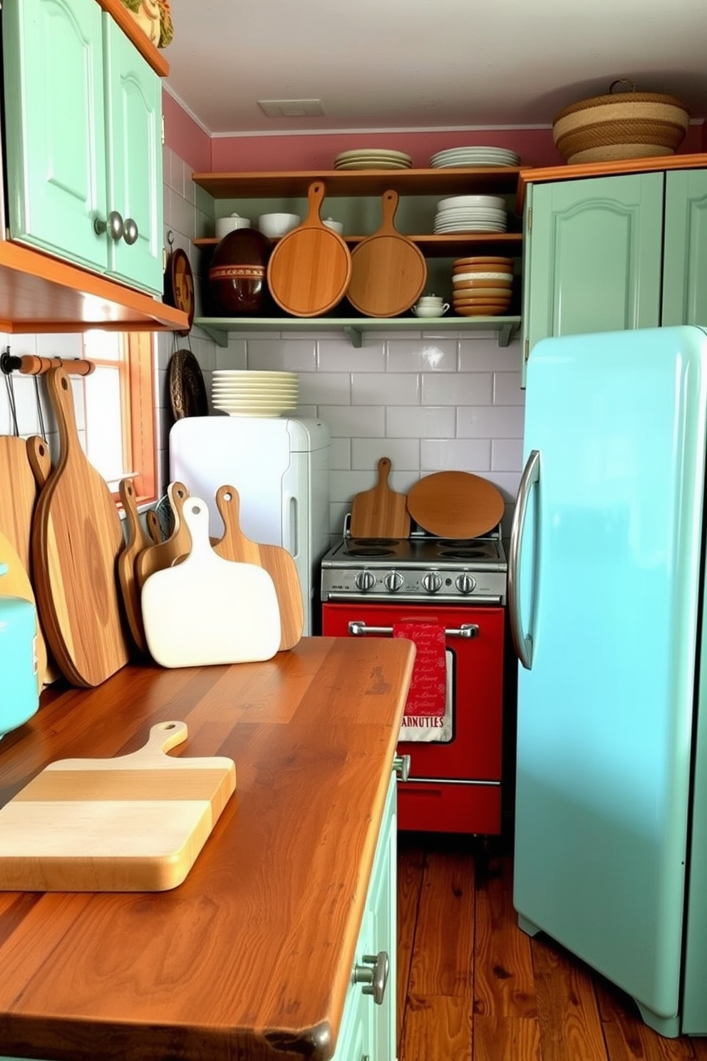 A cozy retro kitchen filled with vintage-inspired cutting boards displayed on a rustic wooden countertop. The cabinets are painted in a cheerful pastel color, complemented by retro appliances that add charm to the space.