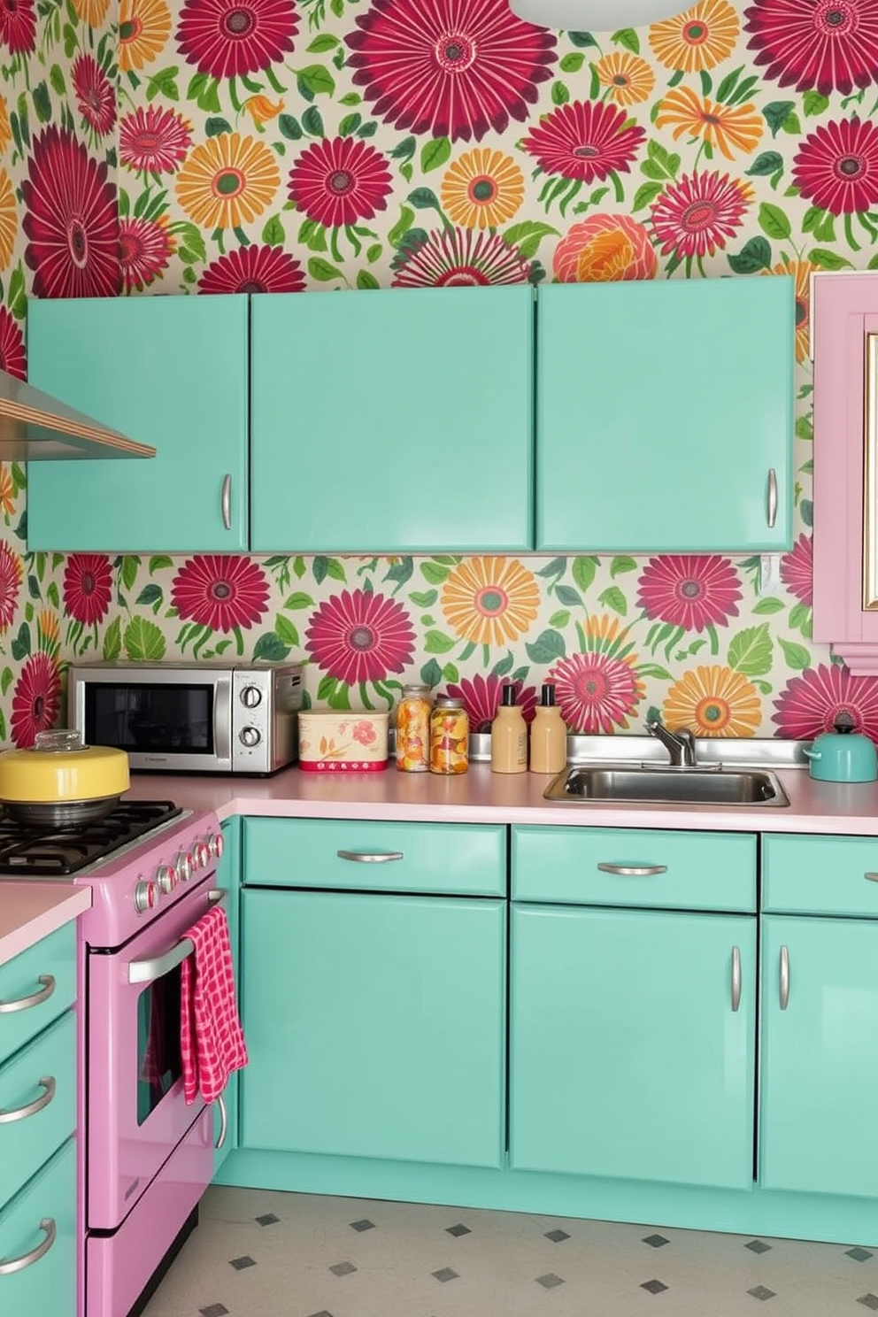 A retro kitchen filled with bold wallpaper featuring vibrant patterns and colors. The cabinets are painted in a bright turquoise, complemented by vintage appliances in pastel hues.