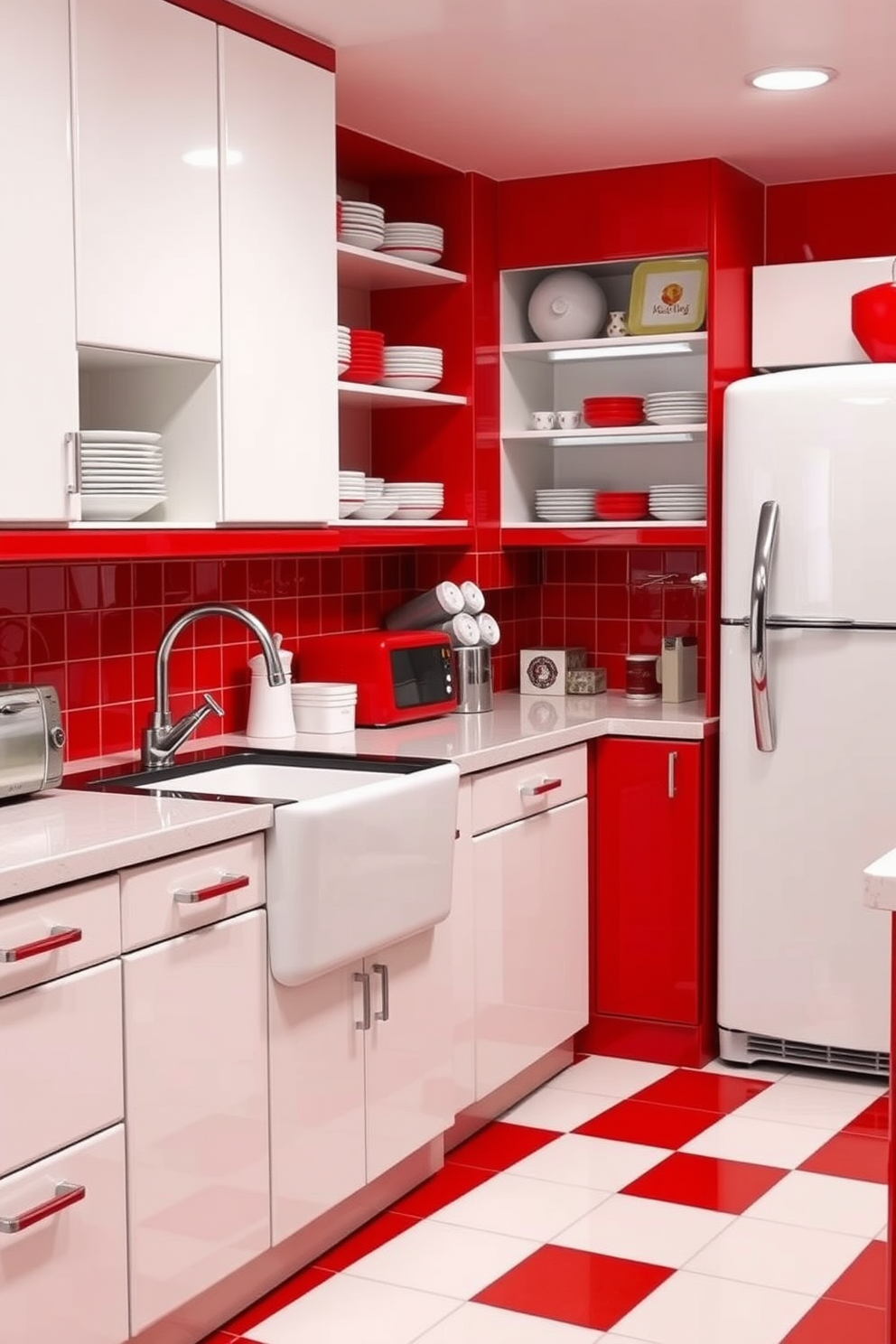 A classic retro kitchen design featuring a vibrant red and white color scheme. The cabinetry is painted in glossy white with sleek red accents, complemented by a checkerboard floor in alternating red and white tiles. A vintage-style refrigerator stands prominently in the corner, while a farmhouse sink with a polished chrome faucet adds charm. The countertops are adorned with retro-inspired appliances and a collection of colorful dishware displayed on open shelves.