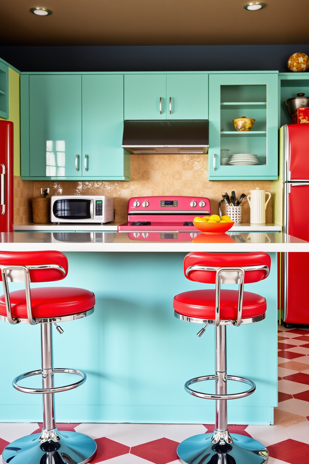 A retro kitchen design featuring bar stools with chrome finishes that add a touch of vintage charm. The kitchen is adorned with colorful cabinetry and retro appliances, creating a vibrant and inviting atmosphere.