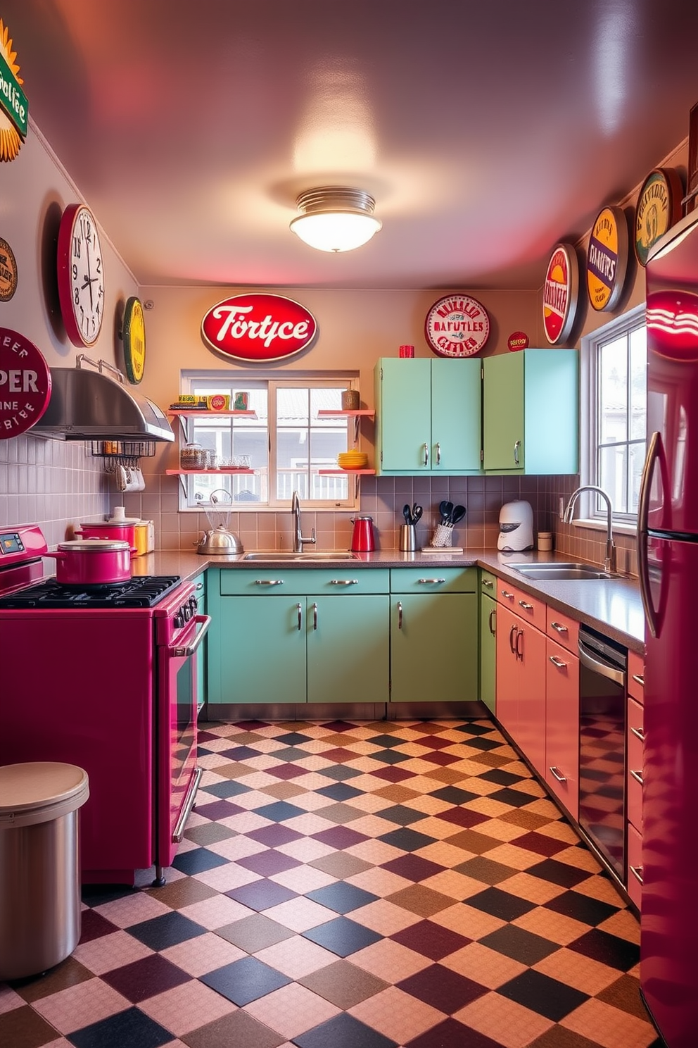 A retro kitchen setting filled with vintage wall art that celebrates food themes. The walls are adorned with colorful prints of fruits and vegetables, framed in distressed wood. The kitchen features classic appliances in pastel colors, complemented by checkered flooring. Open shelving displays vintage dishware and cookbooks, creating a warm and inviting atmosphere.