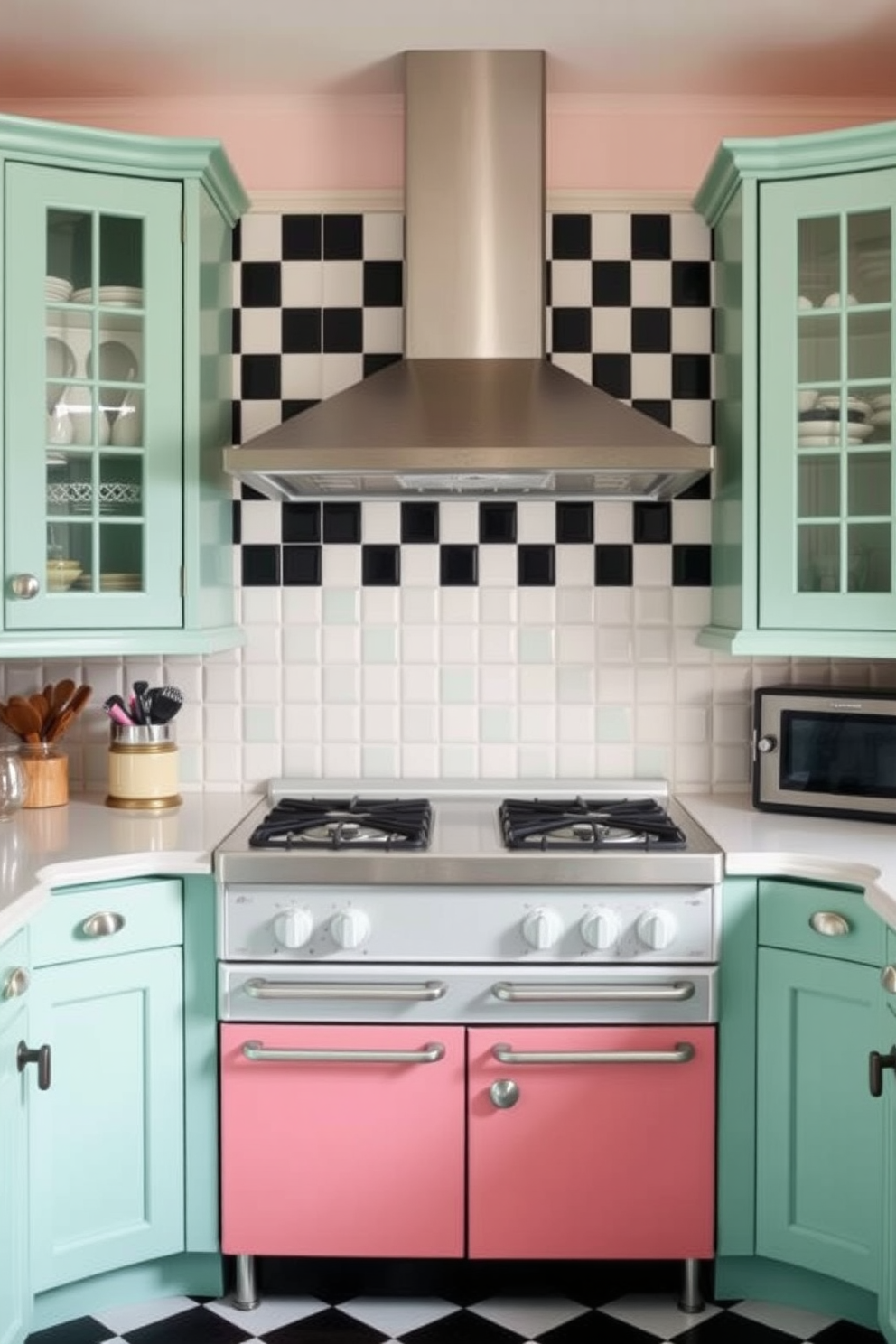 A retro kitchen with a checkerboard tile backsplash creates a striking focal point. The cabinets are painted in a soft pastel color, complemented by vintage-inspired hardware for a nostalgic touch.