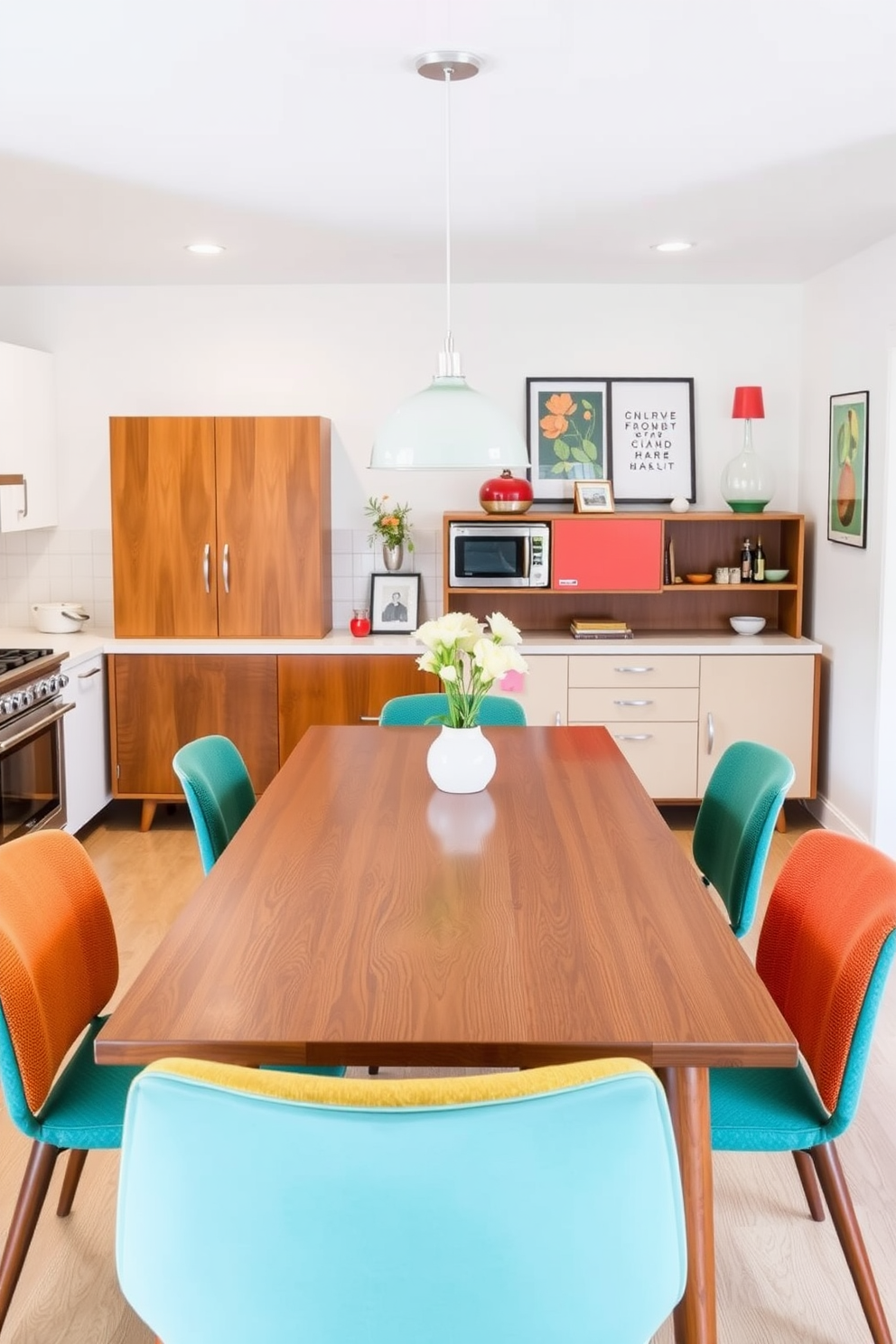 A retro kitchen design featuring mid-century modern furniture accents. The space includes a sleek wooden dining table surrounded by colorful upholstered chairs and a vintage sideboard against the wall.