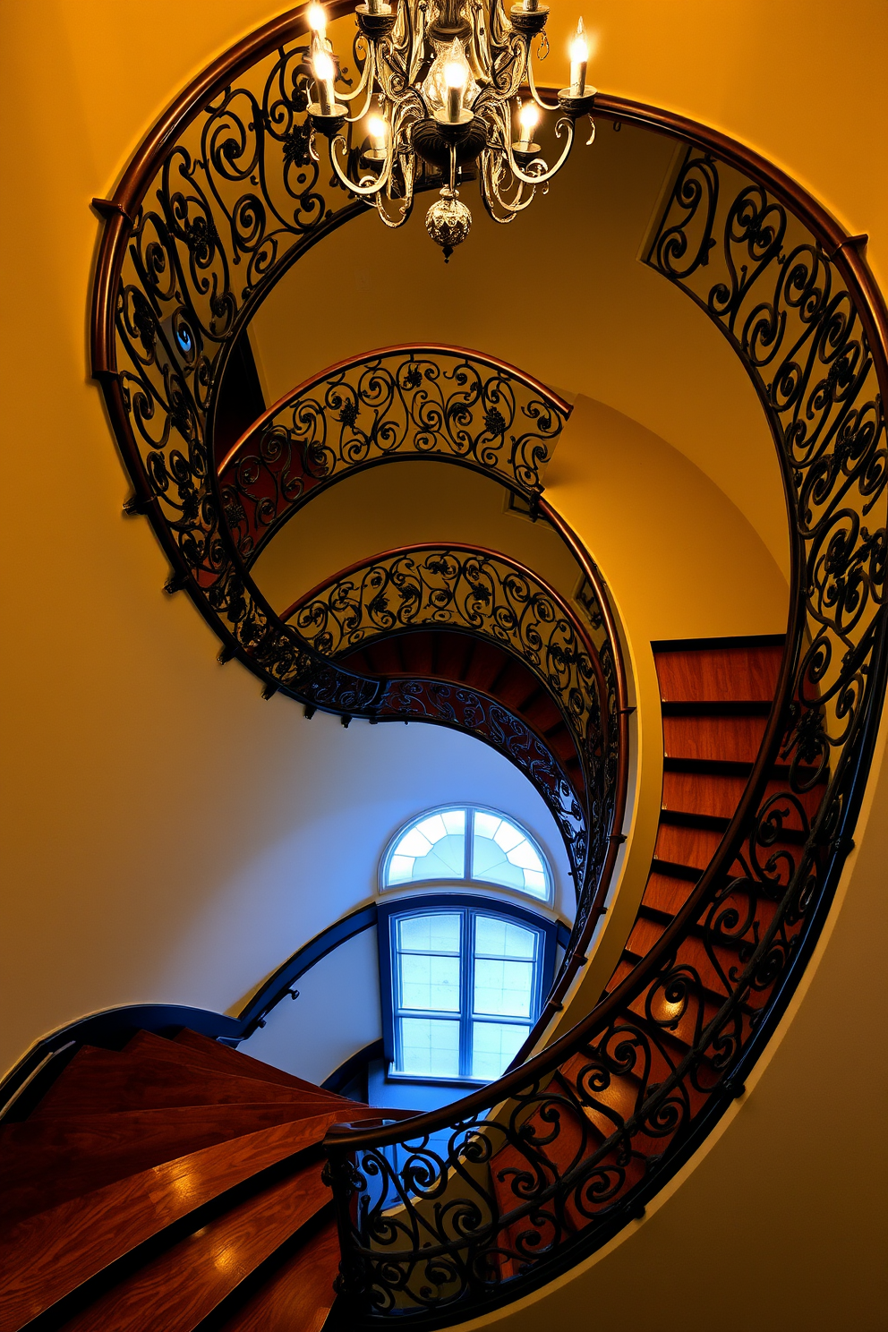 A stunning spiral staircase with intricate vintage railings spirals gracefully upwards. The steps are crafted from rich mahogany, contrasting beautifully with the ornate wrought iron details of the railings. The staircase is illuminated by a large chandelier hanging from the ceiling above. Soft, warm lighting highlights the elegance of the design, creating an inviting atmosphere.