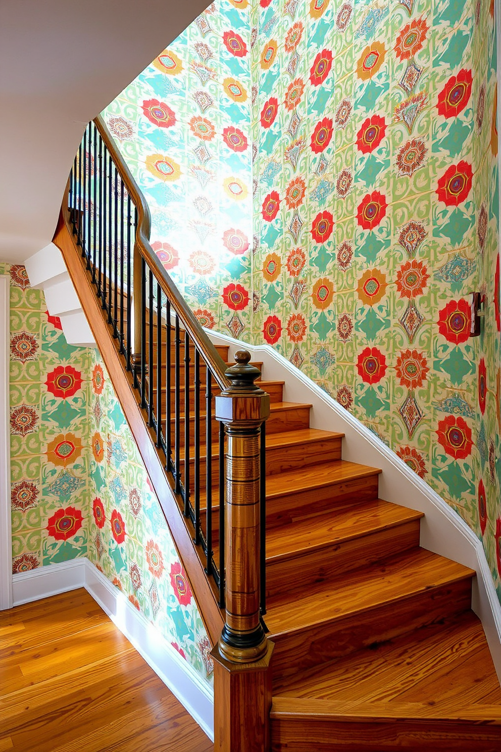 A charming staircase adorned with retro wallpaper that features bold geometric patterns in vibrant colors. The wooden staircase has a polished finish, and the wallpaper adds a nostalgic touch, drawing attention to the unique design elements of the home. The staircase railing is crafted from wrought iron, complementing the retro aesthetic. Soft lighting illuminates the space, enhancing the colors of the wallpaper and creating an inviting atmosphere.