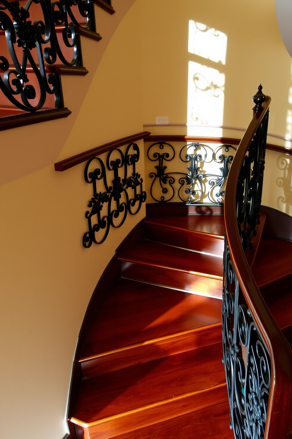 A vintage-inspired staircase features elegant wrought iron railings with intricate floral patterns. The staircase is adorned with rich wooden steps that complement the ornate design of the railings. The overall aesthetic combines classic charm with modern functionality. Soft lighting enhances the beauty of the wrought iron, casting delicate shadows on the walls.