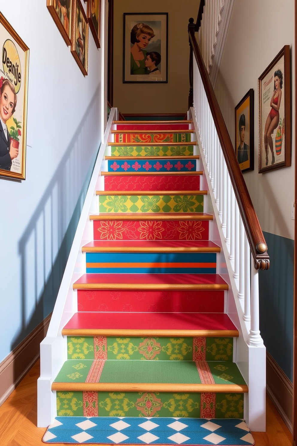 Brightly colored stair treads create a vibrant focal point in a retro-inspired staircase. The treads feature a mix of bold patterns and hues, enhancing the overall playful aesthetic of the space. The staircase itself boasts a classic design with wooden railings and a sleek banister. Surrounding walls are adorned with vintage artwork that complements the lively colors of the treads.