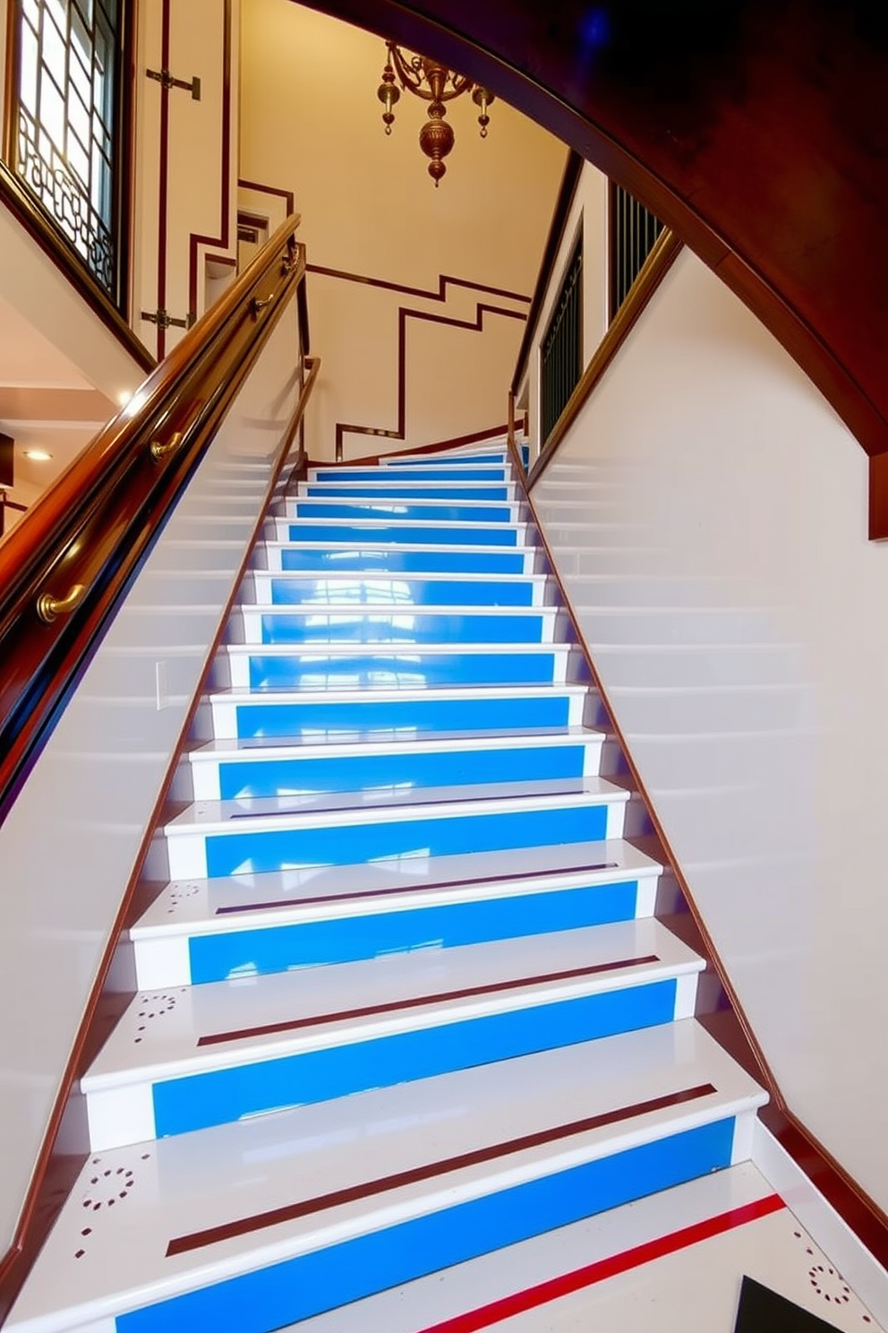 Art deco staircase featuring bold geometric shapes and intricate detailing. The staircase is adorned with a rich mahogany handrail and elegant brass accents, leading to a grand landing area. Retro staircase design ideas showcasing vibrant colors and playful patterns. The steps are finished in a glossy white with contrasting bright blue risers, creating a striking visual impact.