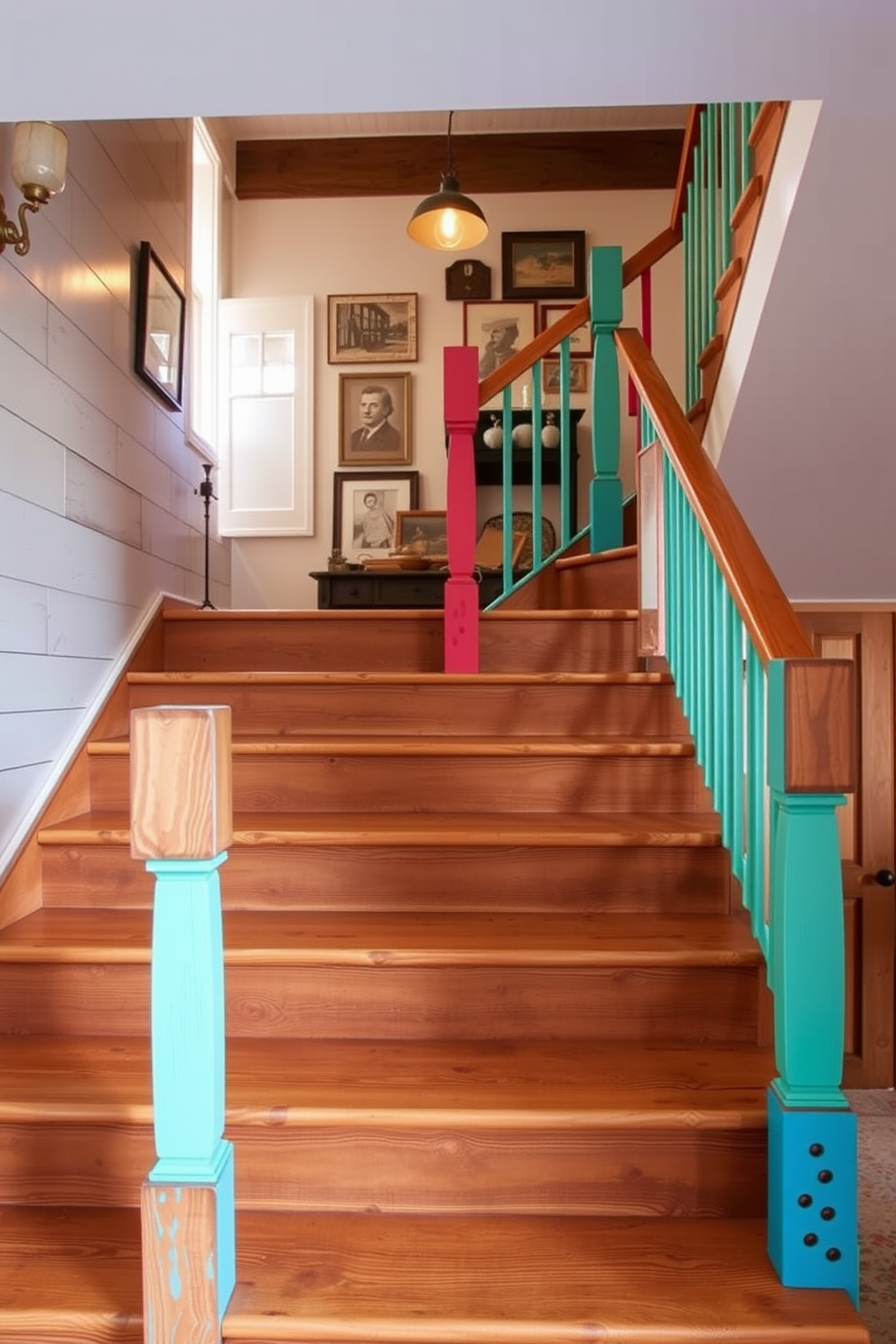 A rustic wooden staircase with a distressed finish showcases the natural grains and imperfections of the wood. The steps are wide and inviting, leading up to a cozy landing adorned with vintage decor and a warm light fixture. Retro staircase design ideas feature bold colors and geometric patterns that evoke a sense of nostalgia. Handrails in contrasting hues add a playful touch, creating a vibrant focal point in the home.