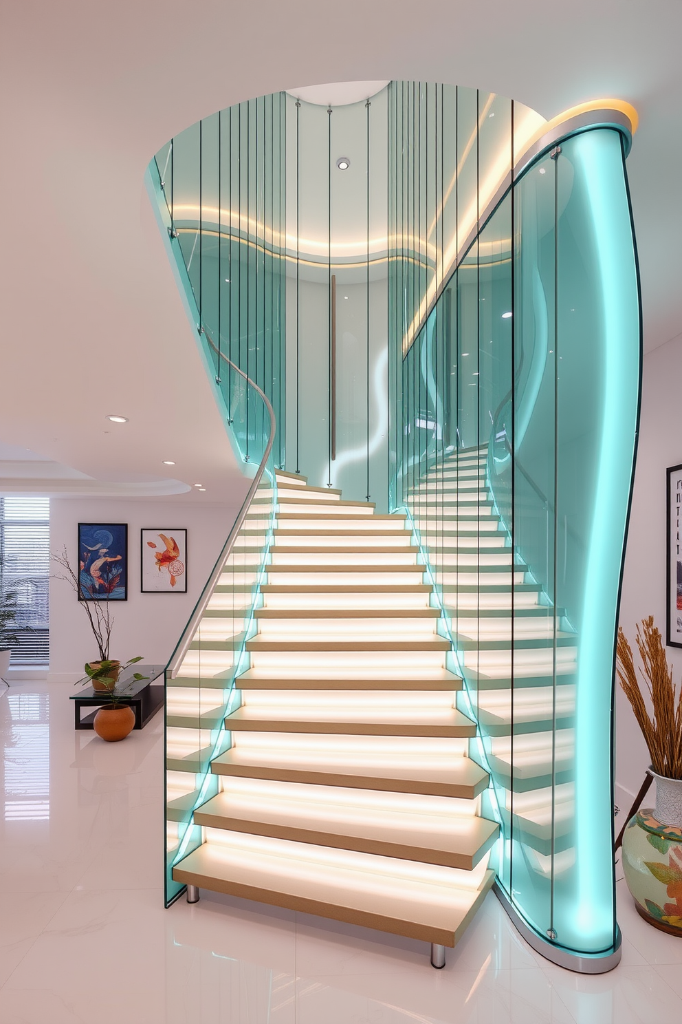 A stunning staircase design featuring sleek glass panels that create a modern retro aesthetic. The staircase is illuminated by soft LED lights that highlight the unique curves and angles of the structure. The glass panels are framed with brushed metal accents, adding a touch of elegance to the overall design. Surrounding the staircase, a minimalist space is adorned with retro-inspired decor elements that complement the contemporary feel.