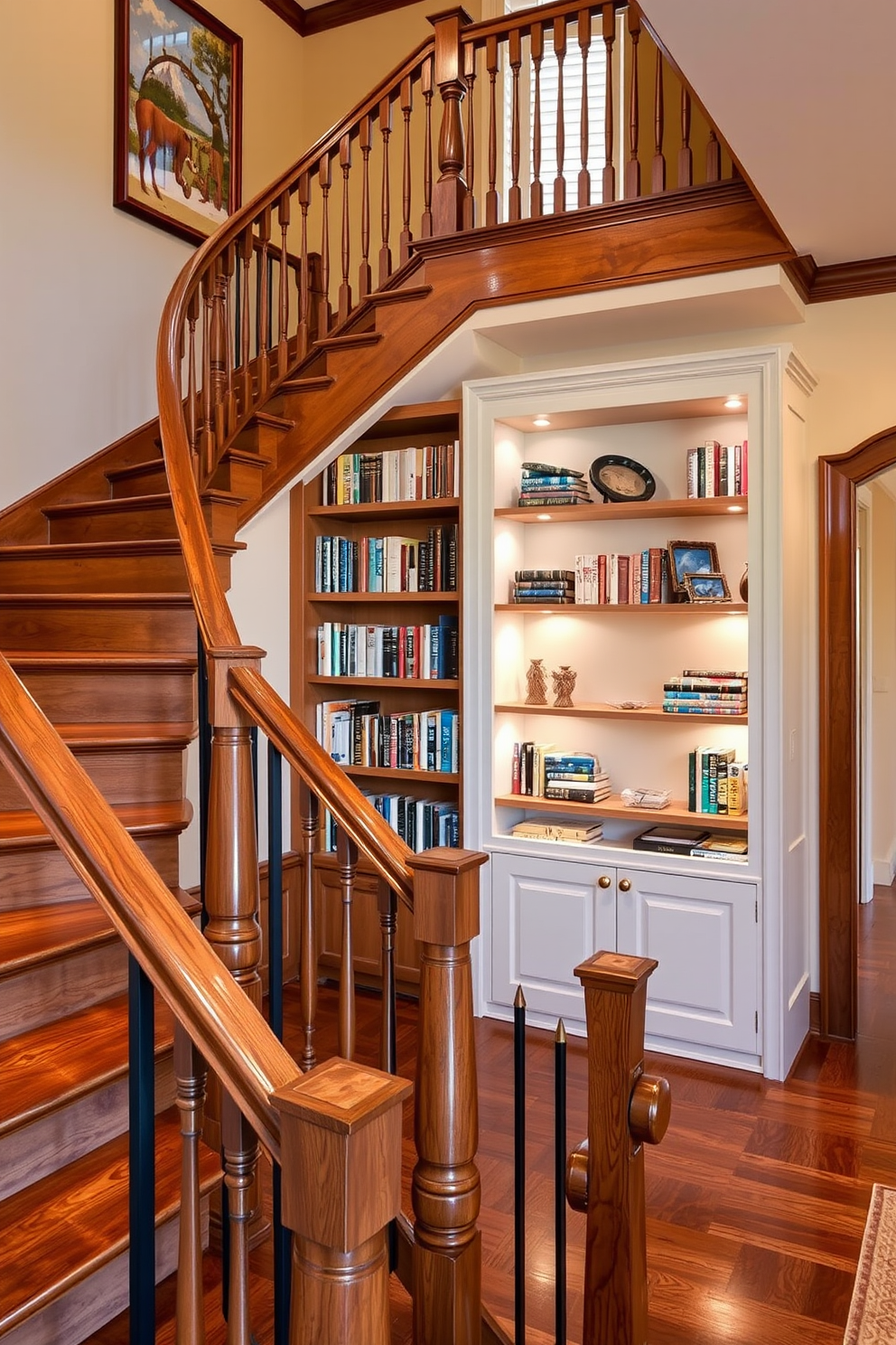 A stunning staircase featuring an integrated bookcase seamlessly blends functionality and style. The staircase is crafted from rich hardwood, with elegant railings that complement the surrounding decor. The bookcase is built into the wall alongside the staircase, showcasing a variety of books and decorative items. Soft lighting illuminates the shelves, creating a warm and inviting atmosphere.