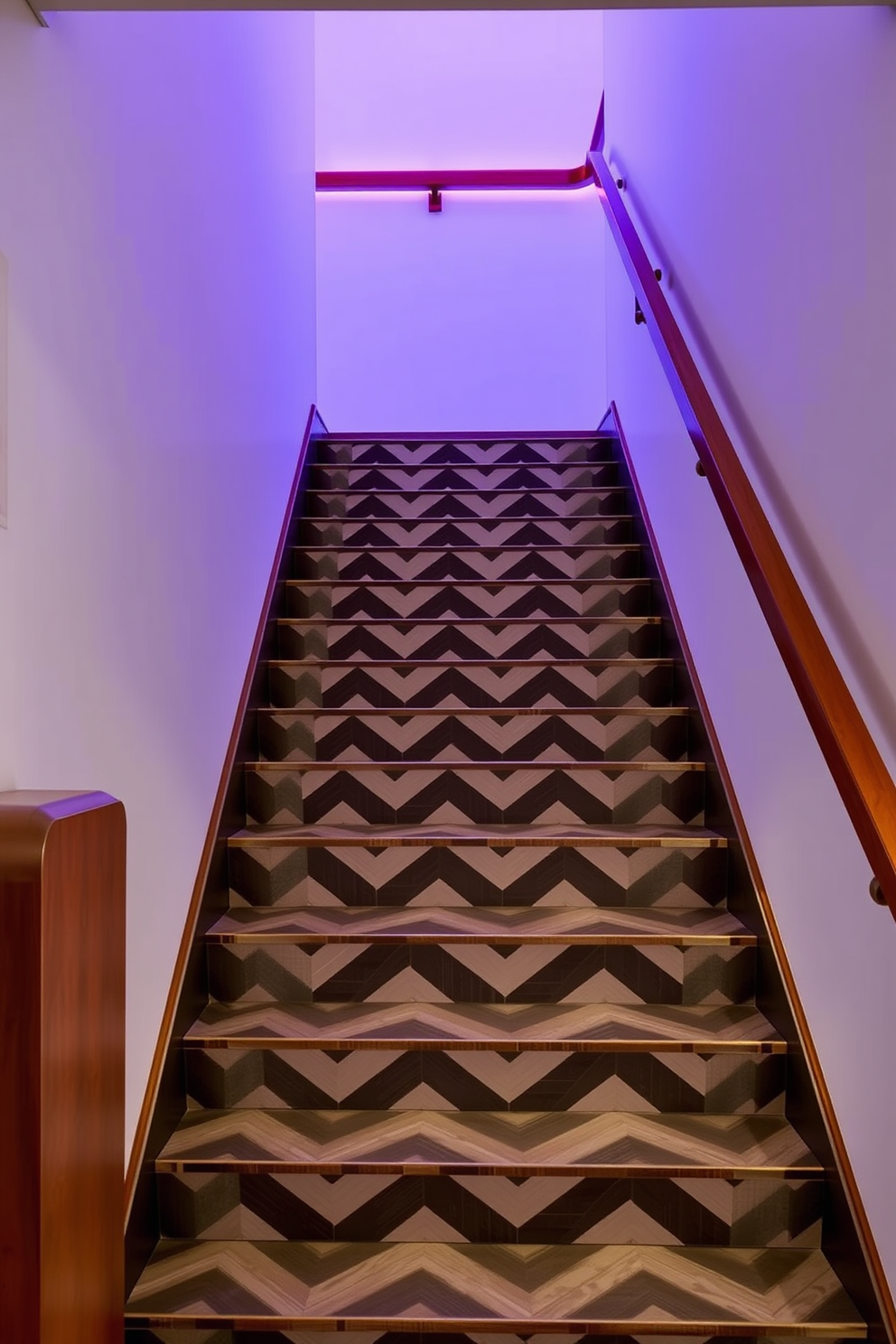 A stylish staircase featuring chevron patterned steps that add a modern flair to the overall design. The staircase is framed by sleek wooden railings and illuminated by soft, ambient lighting that enhances its retro charm.