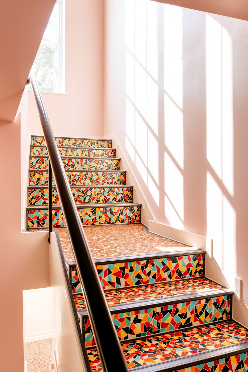 A retro staircase featuring vibrant mosaic tiles on the risers creates a striking visual impact. The staircase is framed by a sleek handrail, enhancing its modern yet nostalgic charm. The surrounding walls are painted in a soft pastel hue to complement the bold colors of the mosaic tiles. Natural light floods the space, highlighting the intricate patterns and inviting a sense of warmth and creativity.