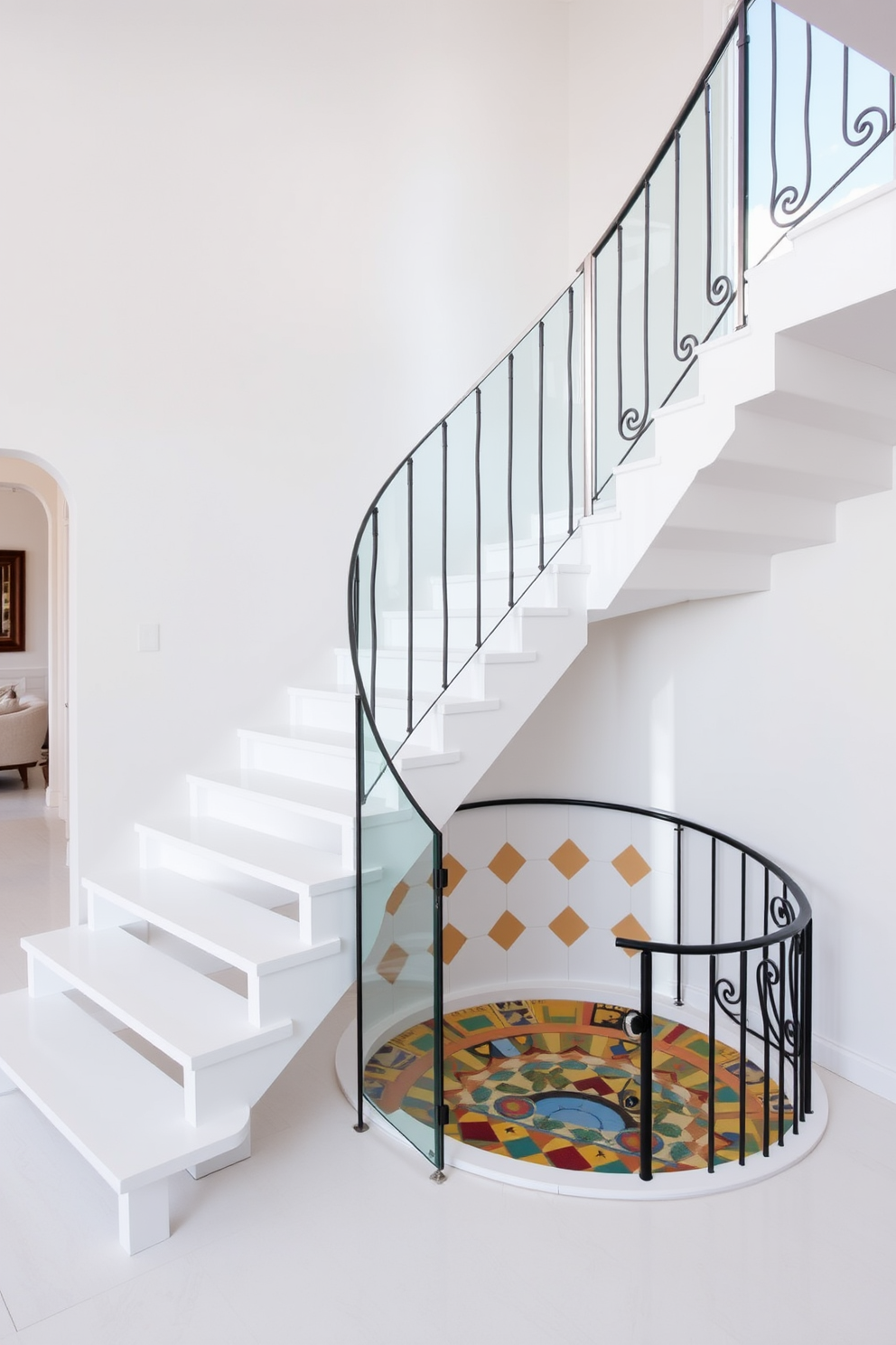 A sleek white staircase with a minimalist design features clean lines and a floating appearance. The steps are made of polished white wood, complemented by a glass railing that enhances the airy feel of the space. Retro staircase design ideas incorporate bold colors and geometric patterns. A circular staircase with vibrant tiles and a wrought iron railing adds a touch of vintage charm to the modern home.