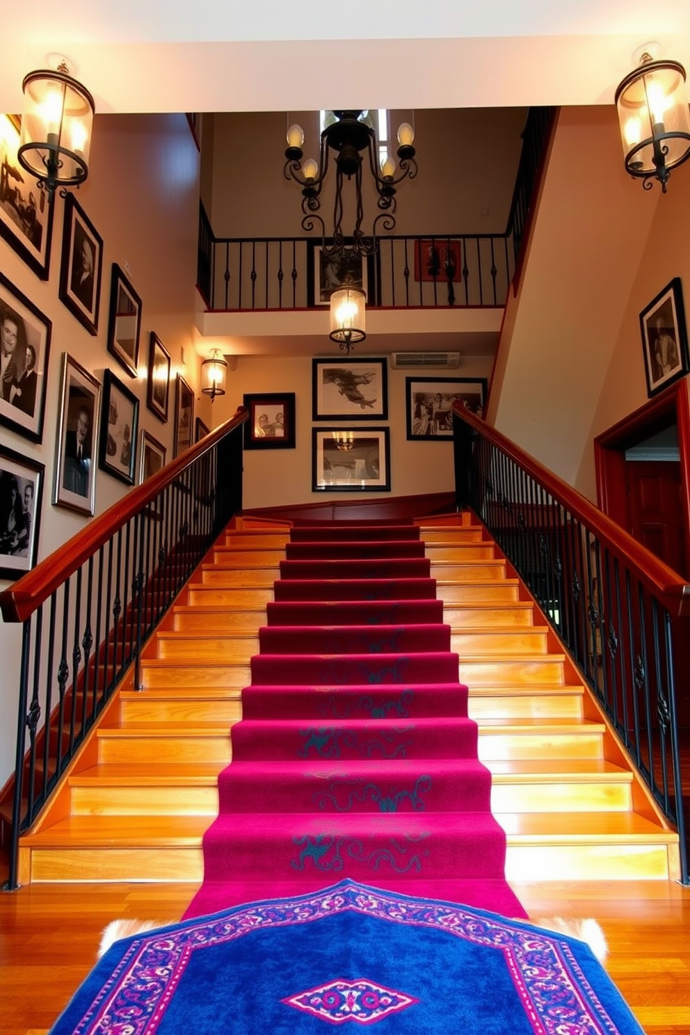 A stunning staircase featuring vintage light fixtures that illuminate the space with a warm glow. The steps are crafted from rich hardwood, complemented by a wrought iron railing that adds an elegant touch. The walls are adorned with framed black and white photographs, enhancing the retro aesthetic. A plush runner rug in vibrant colors runs down the center, inviting guests to ascend with style.