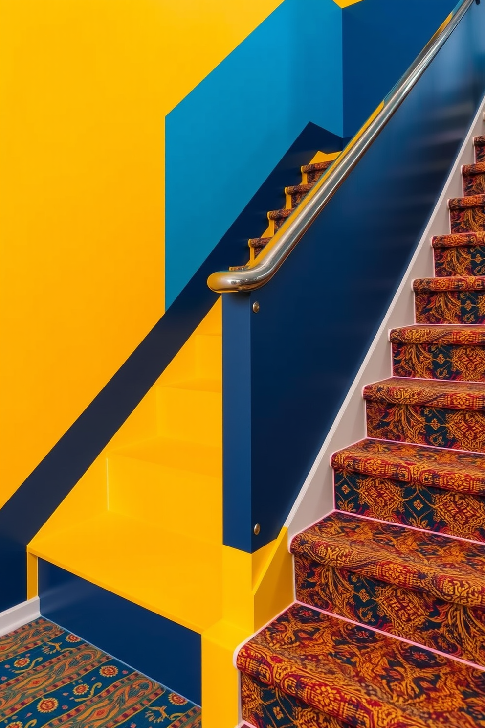 Bold color blocking on staircase walls creates a vibrant and dynamic atmosphere. The staircase features a mix of deep blues and bright yellows, with each step accented by contrasting hues. Retro staircase design ideas incorporate vintage elements with modern flair. The handrail is a sleek chrome finish, while the treads are adorned with patterned carpet that evokes a nostalgic feel.