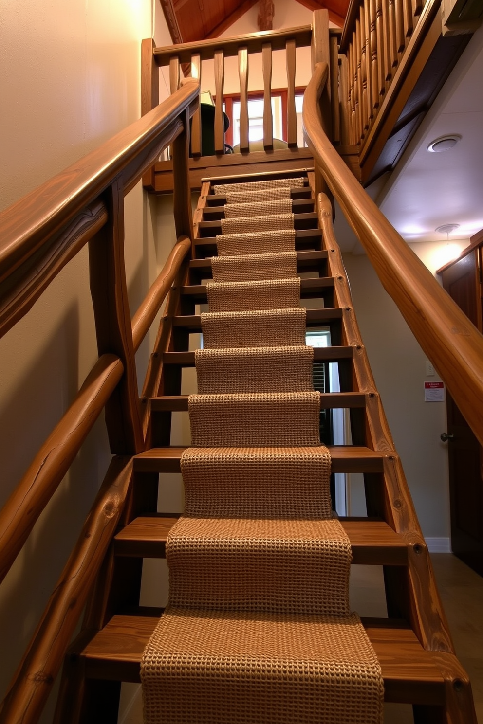 A rustic ladder-style staircase made of reclaimed wood leads to a cozy loft space. The steps are adorned with woven jute runners for added texture and warmth. The staircase features handcrafted railings with a distressed finish, enhancing its vintage appeal. Soft ambient lighting illuminates the staircase, creating an inviting atmosphere.