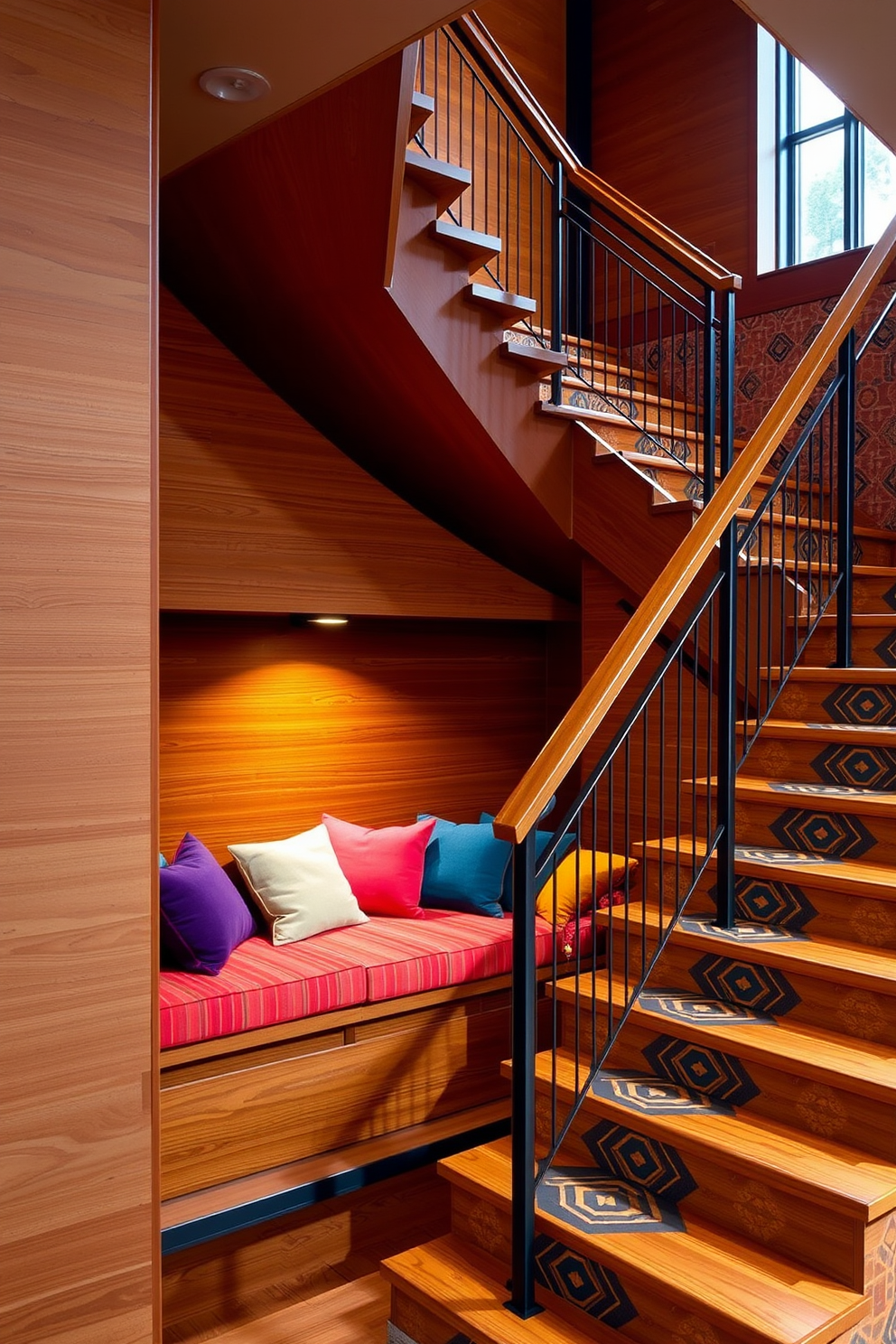 A stunning staircase features a built-in seating area that seamlessly integrates with the surrounding architecture. The seating is adorned with plush cushions in vibrant colors, inviting relaxation and conversation. The staircase showcases a retro design with bold geometric patterns and a sleek railing that adds a touch of elegance. Warm wooden tones contrast beautifully with the modern accents, creating a harmonious blend of old and new.