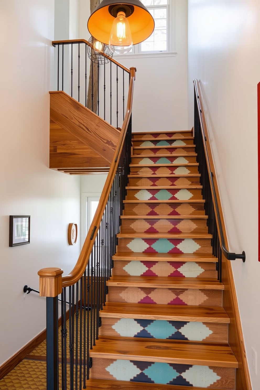 A stylish staircase features sleek glass balustrades that create an open and airy feel. The treads are made of polished wood, complemented by a modern runner that adds a pop of color. Retro staircase design ideas incorporate bold geometric patterns on the risers, evoking a sense of nostalgia. The handrail is crafted from wrought iron, adding a vintage charm to the overall aesthetic.