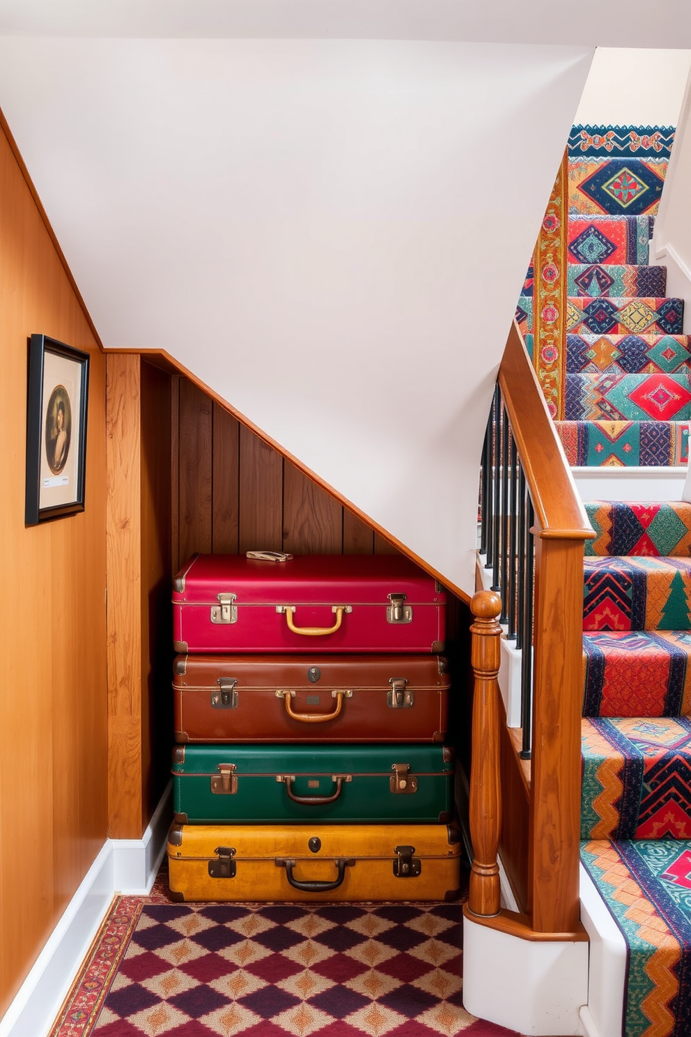 A cozy under-stairs nook features vintage suitcases stacked neatly for storage. The warm wood tones of the staircase complement the rich colors of the suitcases, creating a charming and functional space. The retro staircase showcases bold geometric patterns in vibrant colors. With a mix of classic and contemporary elements, the design invites creativity and nostalgia into the home.