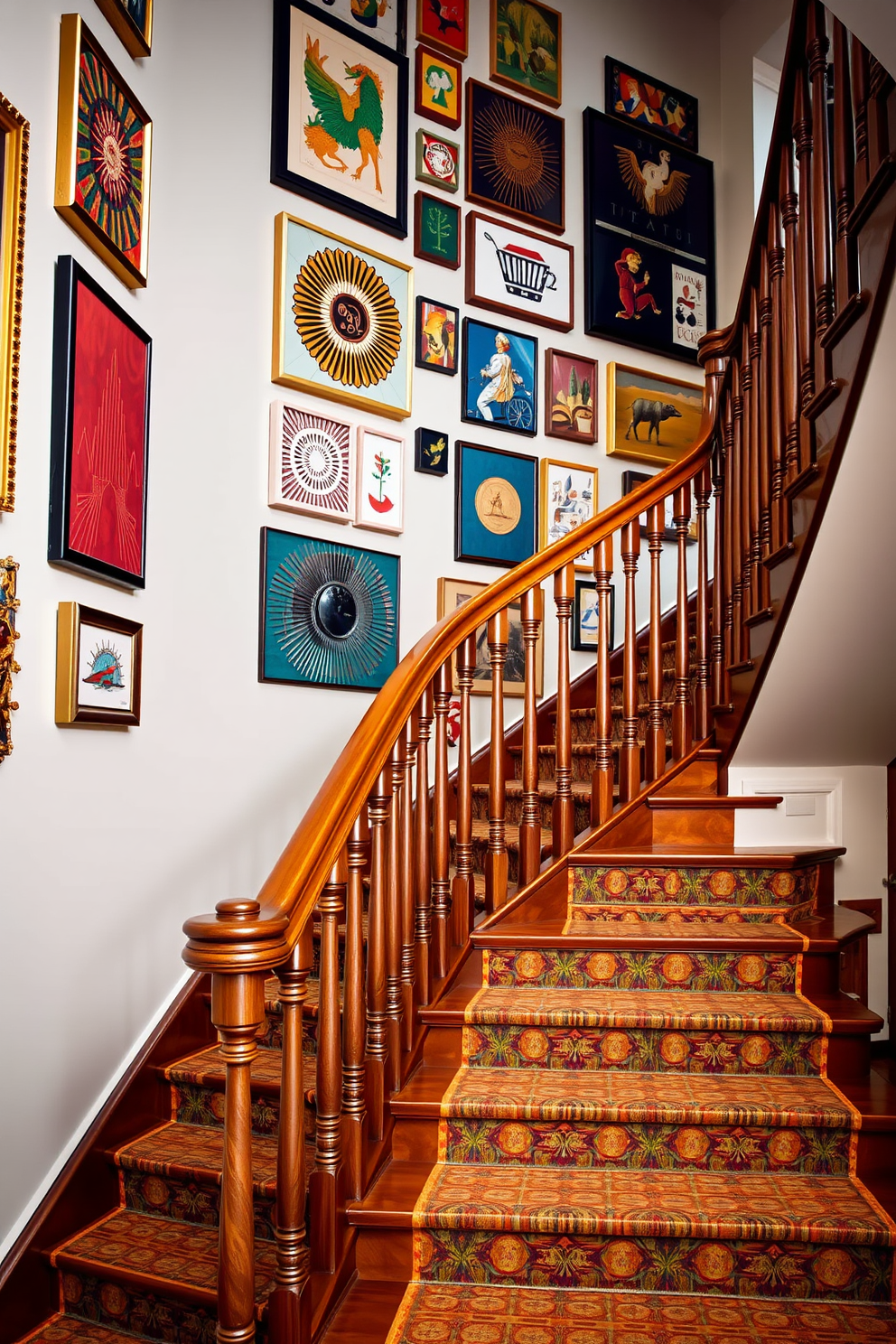 A stunning staircase featuring a sleek wooden railing and elegant balusters. The walls are adorned with an array of decorative wall art, showcasing vibrant colors and unique textures. The steps are designed with a retro flair, incorporating bold patterns and rich materials. Soft lighting accentuates the artwork, creating an inviting atmosphere that enhances the overall aesthetic.