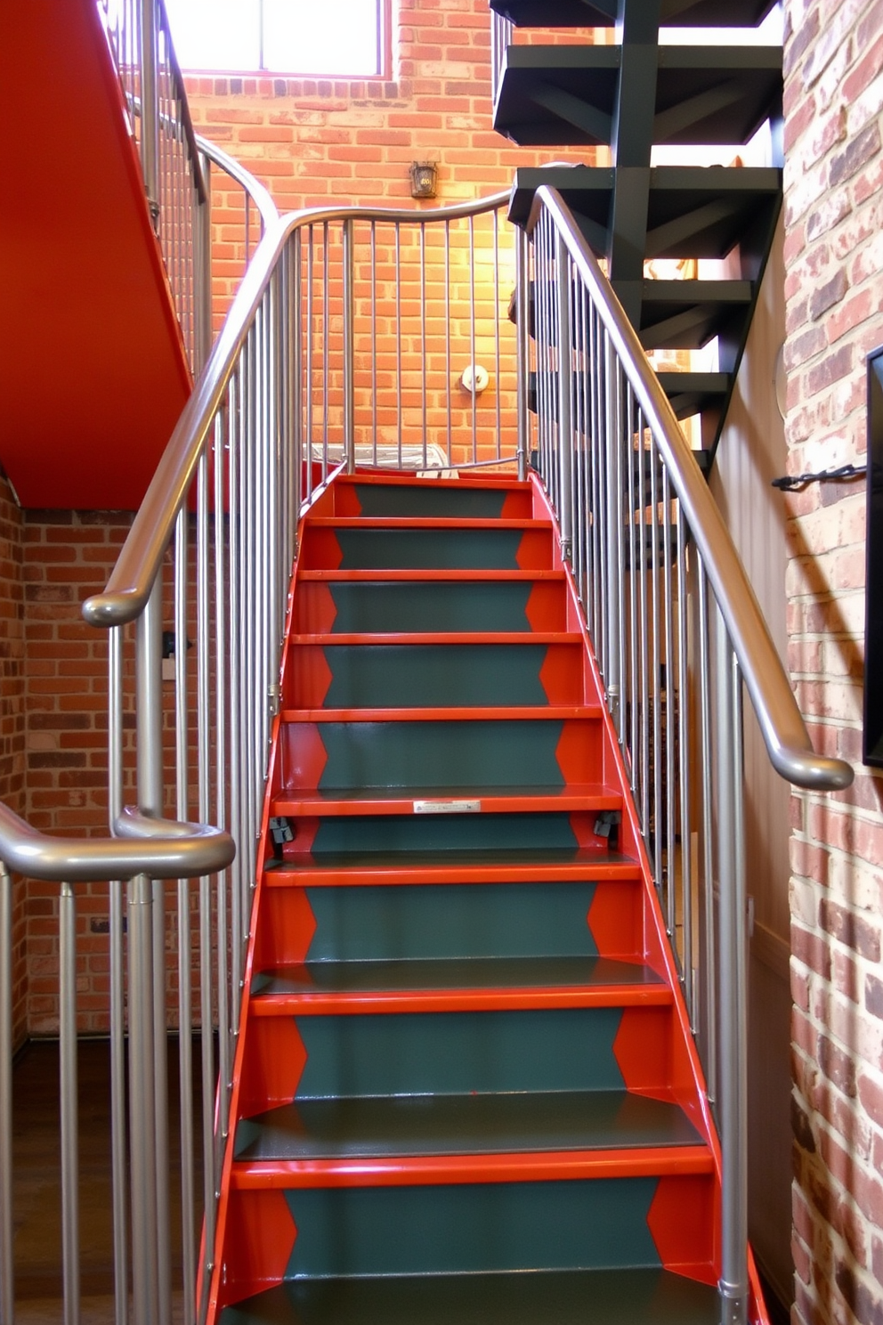 A retro metal staircase with unique shapes features a series of bold, angular steps that create a striking visual impact. The staircase is finished in a vibrant color, complemented by decorative railings that enhance its artistic flair. This design incorporates various textures, with polished metal contrasting against a backdrop of exposed brick walls. Ambient lighting highlights the staircase's curves and shapes, creating an inviting atmosphere in the space.