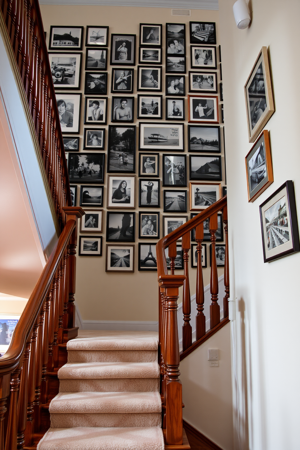 A stunning staircase with a gallery wall showcasing a collection of framed photographs. The staircase features elegant wood railings and a plush runner that adds warmth to the space. The gallery wall is adorned with a mix of black and white and colorful images, creating an eye-catching focal point. Soft lighting highlights the artwork, enhancing the retro charm of the staircase design.