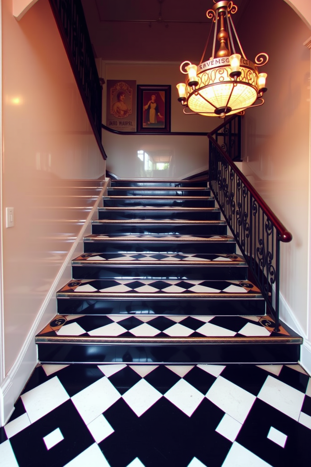 A stunning retro staircase featuring classic black and white checkerboard steps. The staircase is flanked by elegant wrought iron railings, and a vintage chandelier hangs from the ceiling above, casting a warm glow on the striking floor pattern.