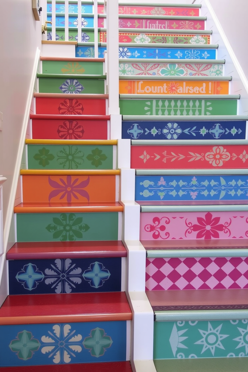 A vibrant staircase featuring colorful painted risers in a variety of hues. The risers showcase playful patterns and designs that add a whimsical touch to a retro-style staircase.