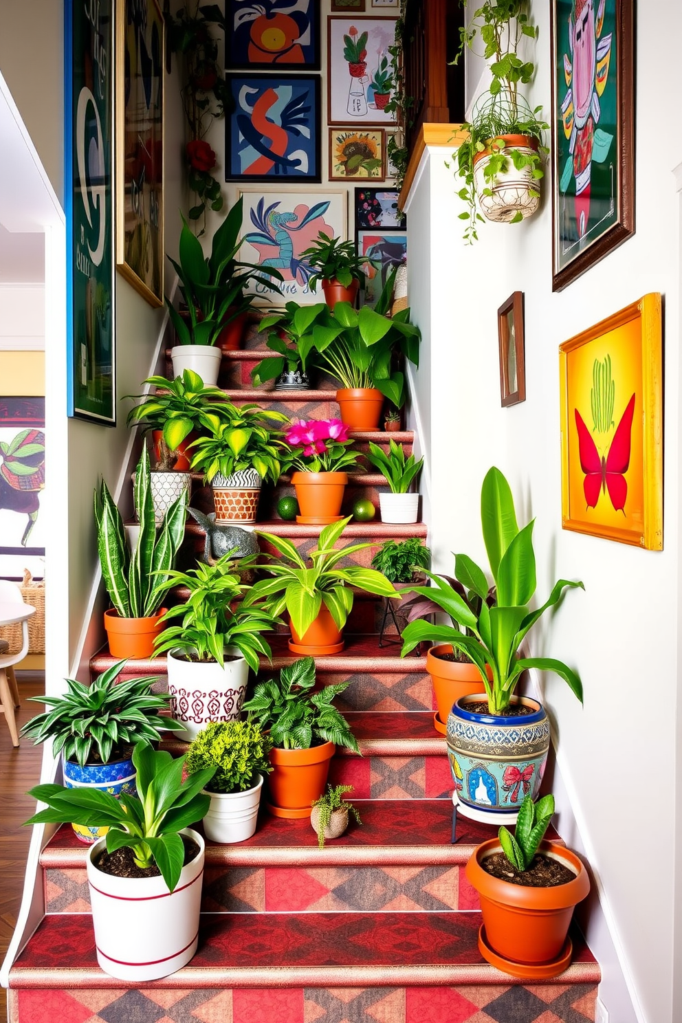 An eclectic mix of stair decor featuring vibrant potted plants and unique art pieces. The staircase has a retro design with bold colors and geometric patterns, creating an inviting atmosphere.