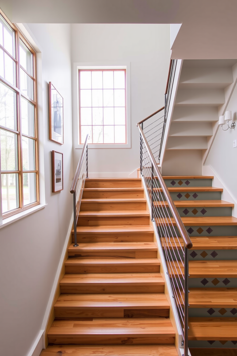 A mid-century modern staircase with clean lines features natural wood steps and a sleek metal railing. The surrounding walls are adorned with minimalist artwork, and a large window allows natural light to flood the space. Retro staircase design ideas incorporate bold colors and geometric patterns on the risers. Vintage-style handrails and decorative lighting fixtures enhance the nostalgic feel of the staircase.